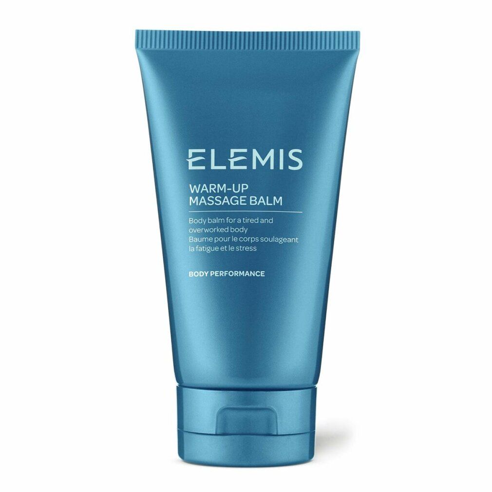 Blaue Tube mit Aufschrift: Elemis, Warm-Up Massage Balm. Text: Body balm for a tired and overworked body. Schraubverschluss.