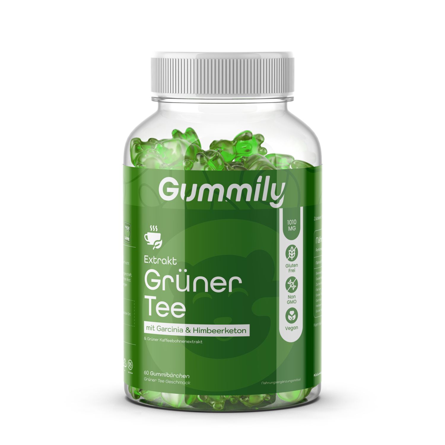 Klare Plastikflasche mit grünen Gummibärchen. Aufschrift: Gummily Grüntee-Extrakt. Vegan, glutenfrei, ohne Zuckerzusatz.