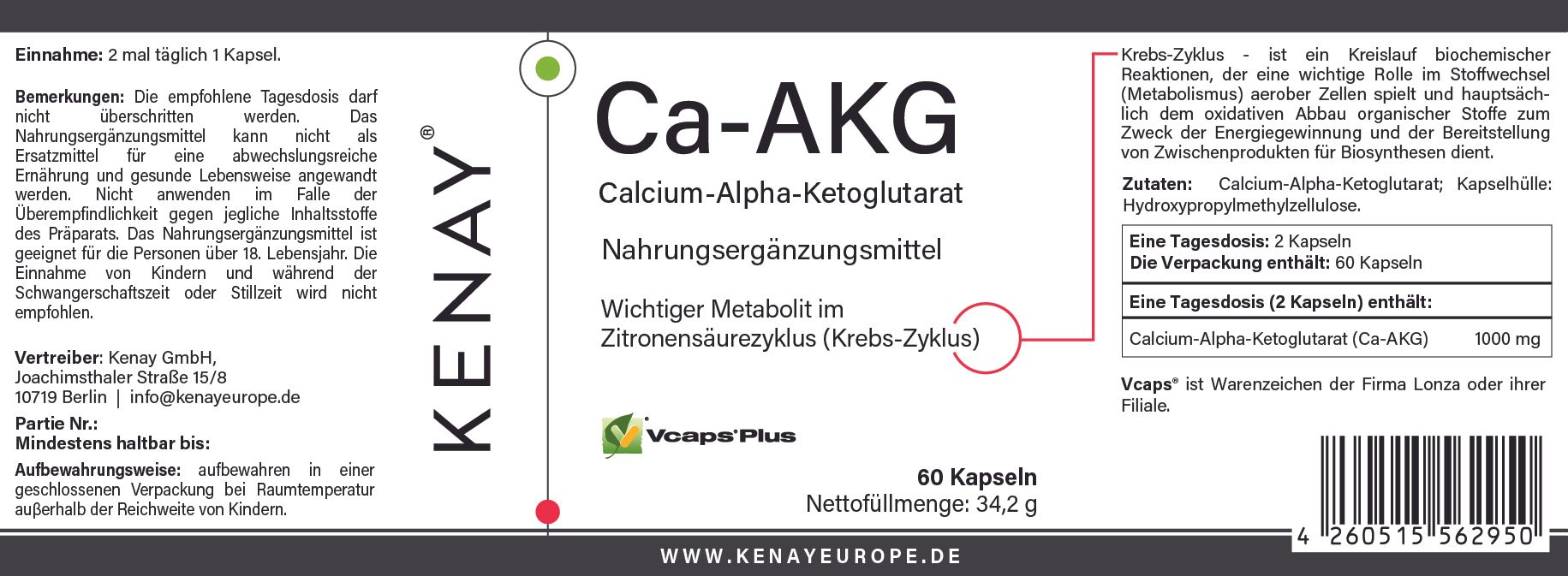 Weißes Etikett mit Produktinformationen. Beschriftung: Ca-AKG, Calcium-Alpha-Ketoglutarat, Nahrungsergänzungsmittel. 60 Kapseln. Marke KENAY.