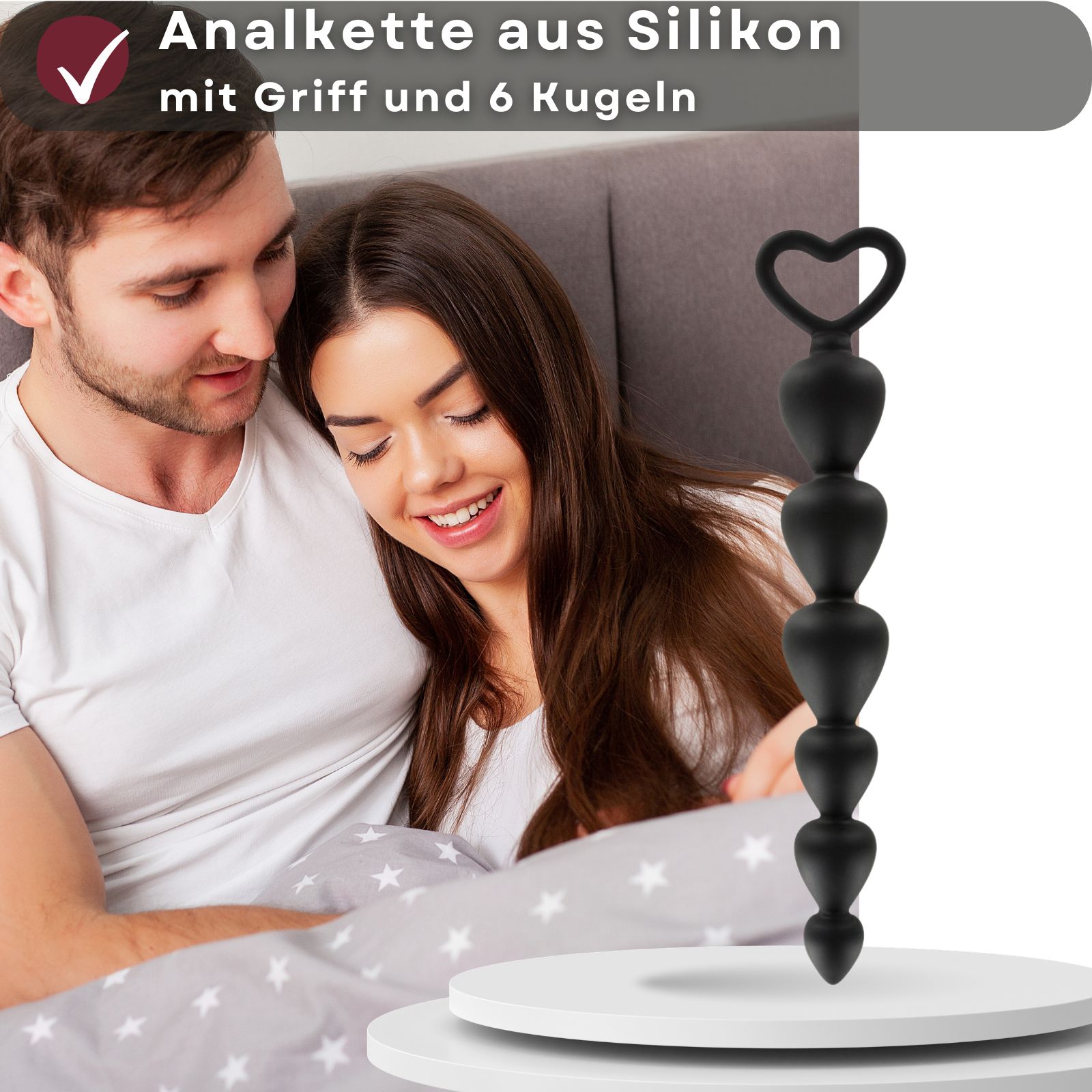 Schwarze Analperlenkette aus Silikon mit Herzgriff. 6 Kugeln.