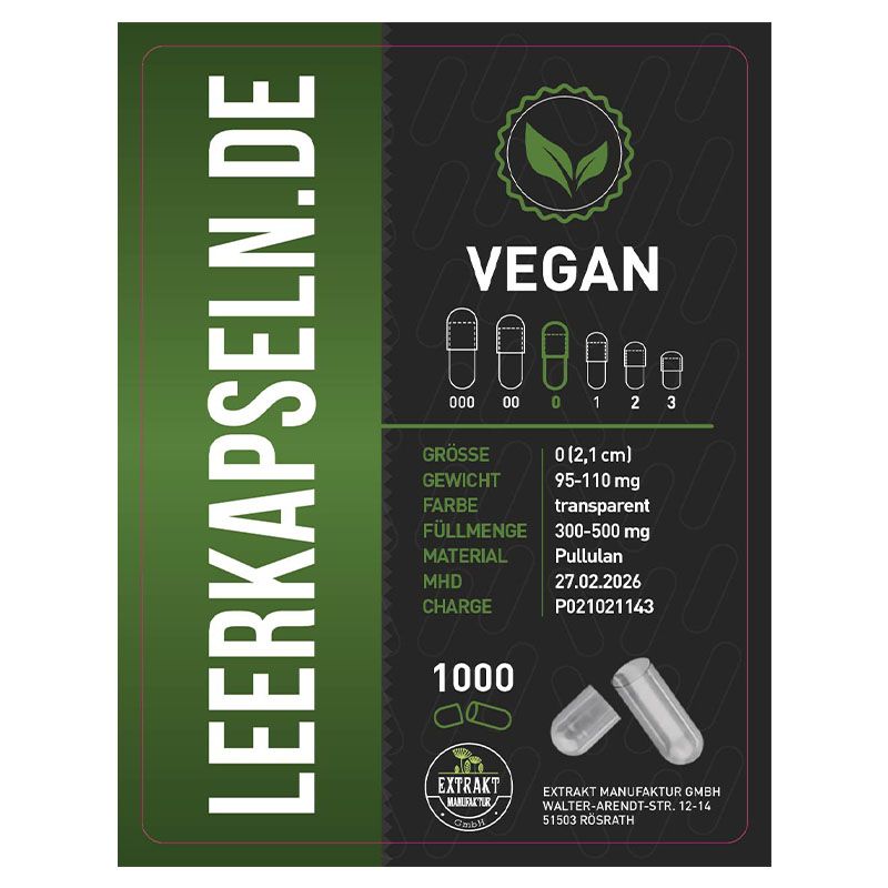 Etikett mit Text: LEERKAPSELN.DE, VEGAN. Informationen zu Größe, Gewicht, Farbe, Füllmenge, Material, MHD. Illustrationen von Kapseln.