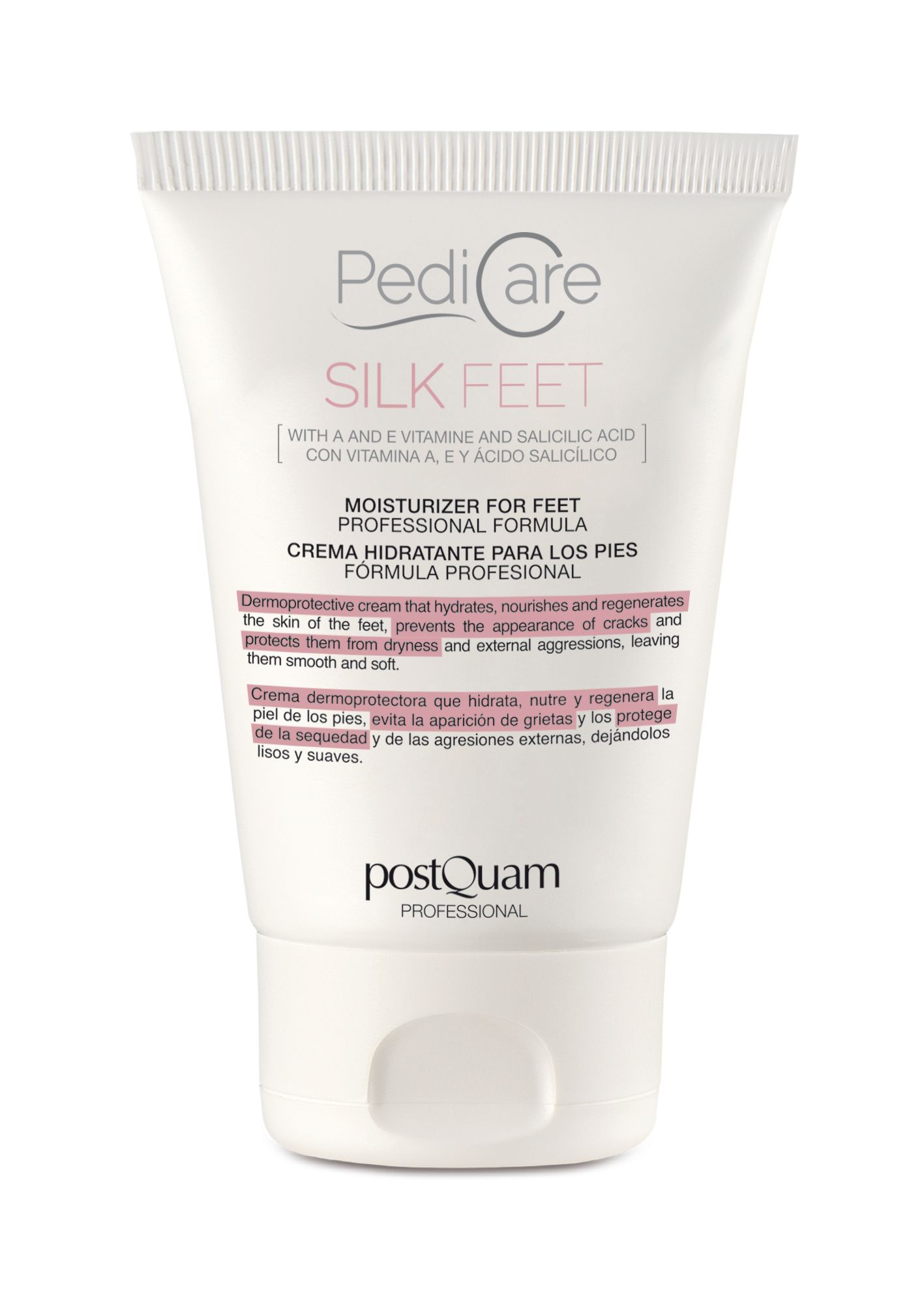 Weiße Tube mit Aufschrift 'PediCare Silk Feet'. Text in Englisch und Spanisch. 'Postquam' Logo unten.