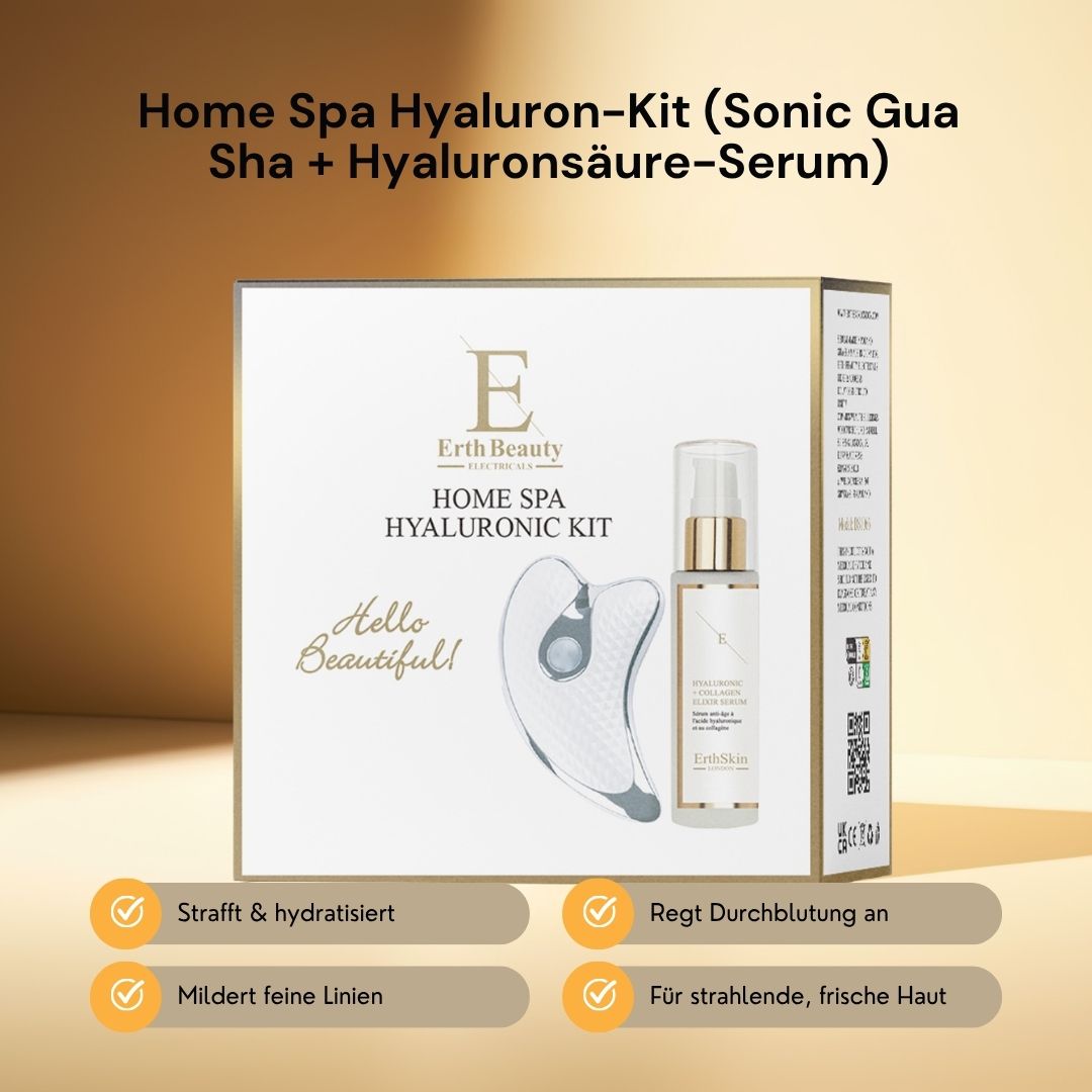 ErthSkin London Hyaluron-Set. Verpackung mit Serum und Gua Sha. Text: Home Spa Hyaluron-Kit. Aufschrift: Hello Beautiful!
