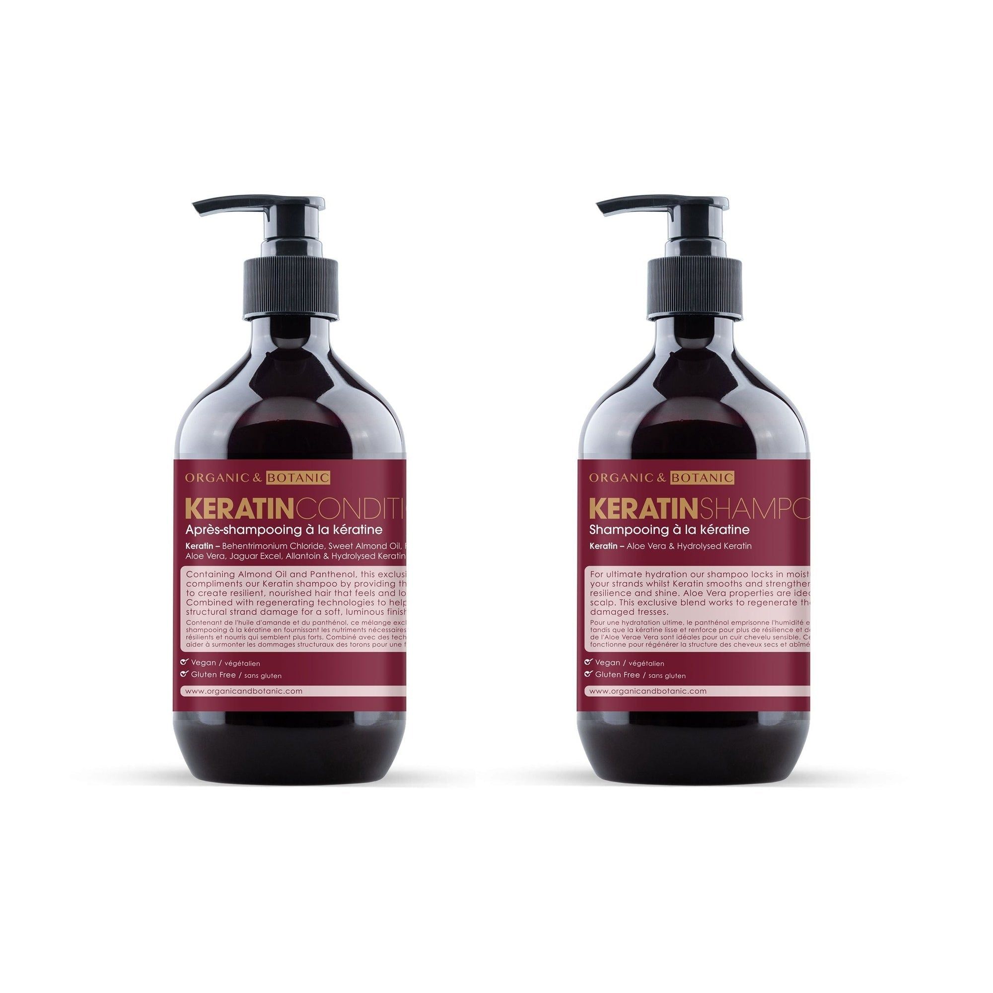 Zwei Flaschen Shampoo und Conditioner. Schwarze Pumpaufsätze, braune Flaschen, Etiketten mit Text. Vegan, glutenfrei.