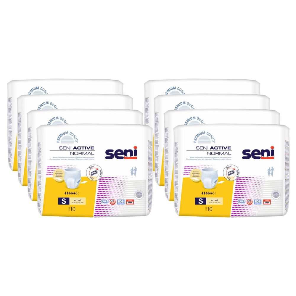 Mehrere Packungen Seni Active Normal Inkontinenzpants, Größe S, jeweils 10 Stück. Verpackung mit Produktinformationen.