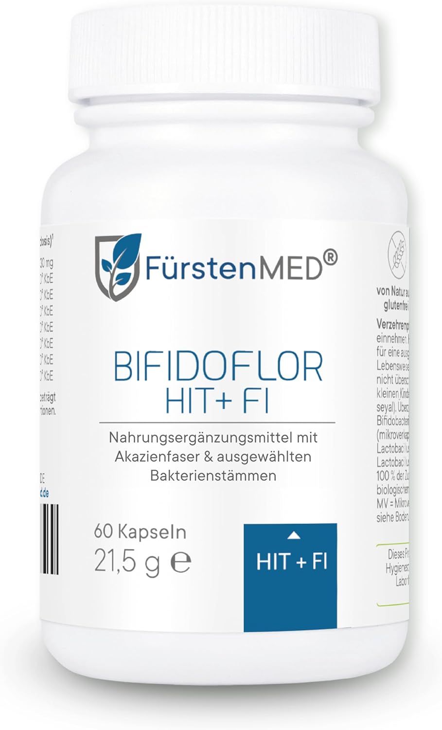 Weiße Flasche mit Kapseln. Text: Bifidoflor HIT+FI. Nahrungsergänzungsmittel mit Akazienfaser & ausgewählten Bakterienstämmen. 60 Kapseln, 21,5 g. Logo FürstenMED®.