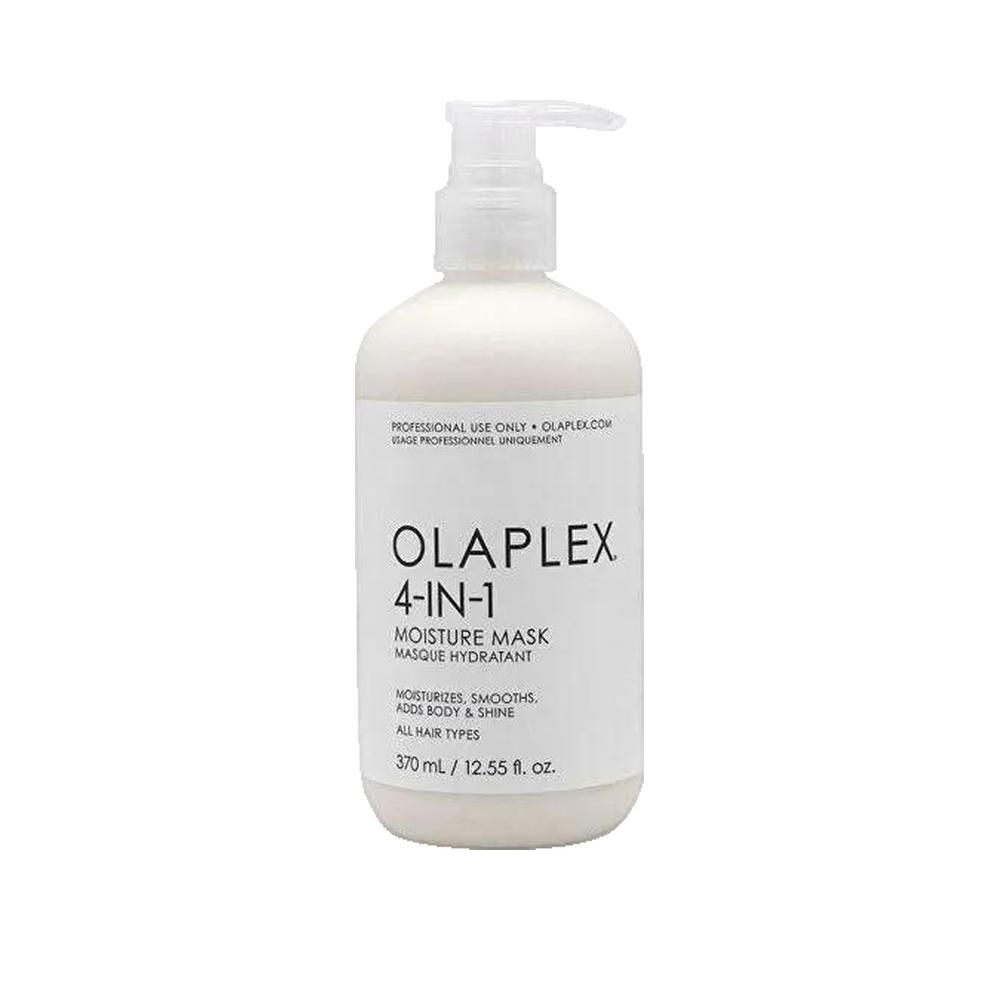 Weißliche Flasche mit Pumpverschluss. Aufschrift: OLAPLEX 4-IN-1 MOISTURE MASK. Enthält Text in Englisch und Französisch. Volumen: 370 ml.