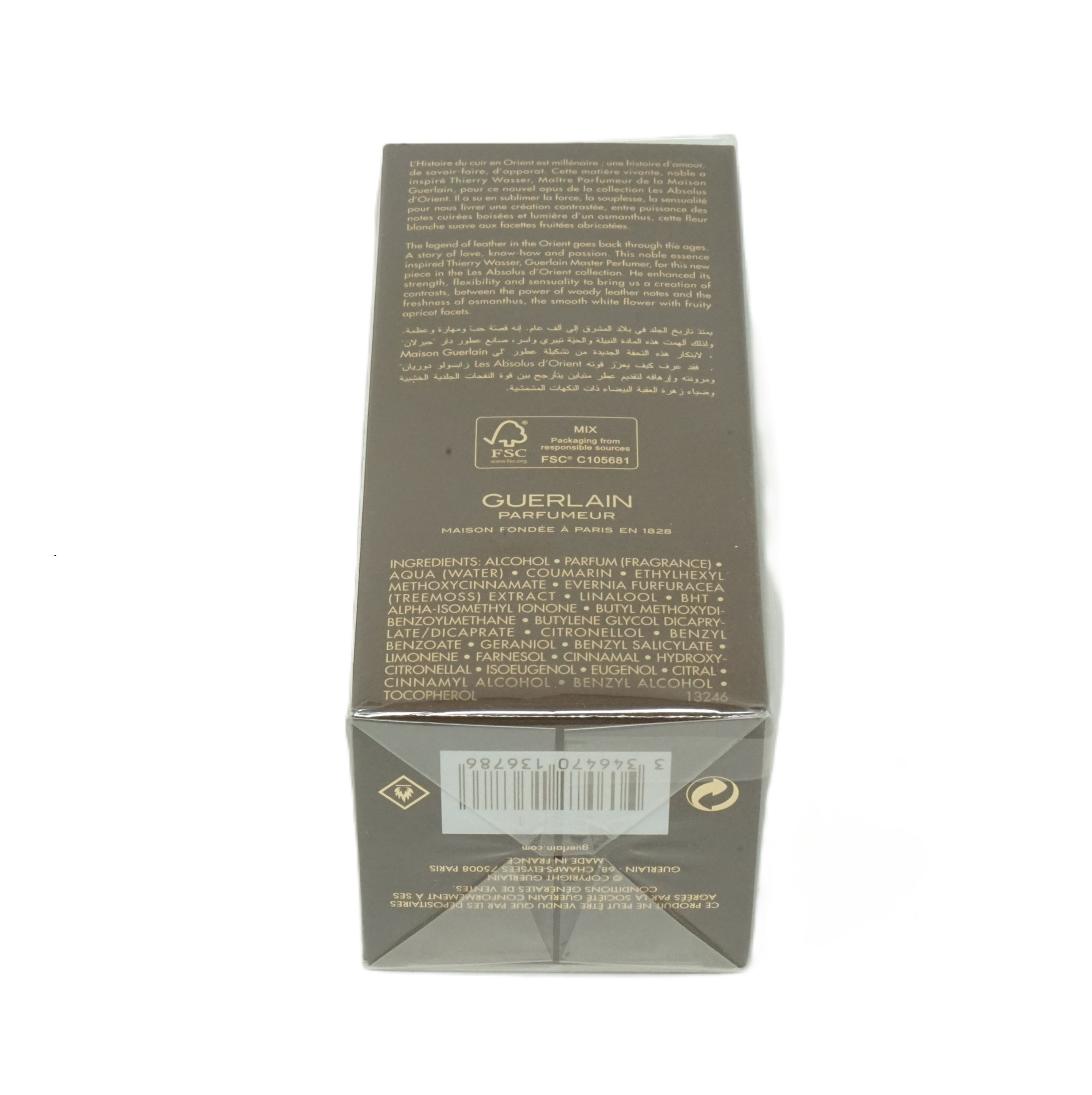 Guerlain Cuir Intense Eau de Parfum Verpackung mit Inhaltsstoffliste und Markenlogo.