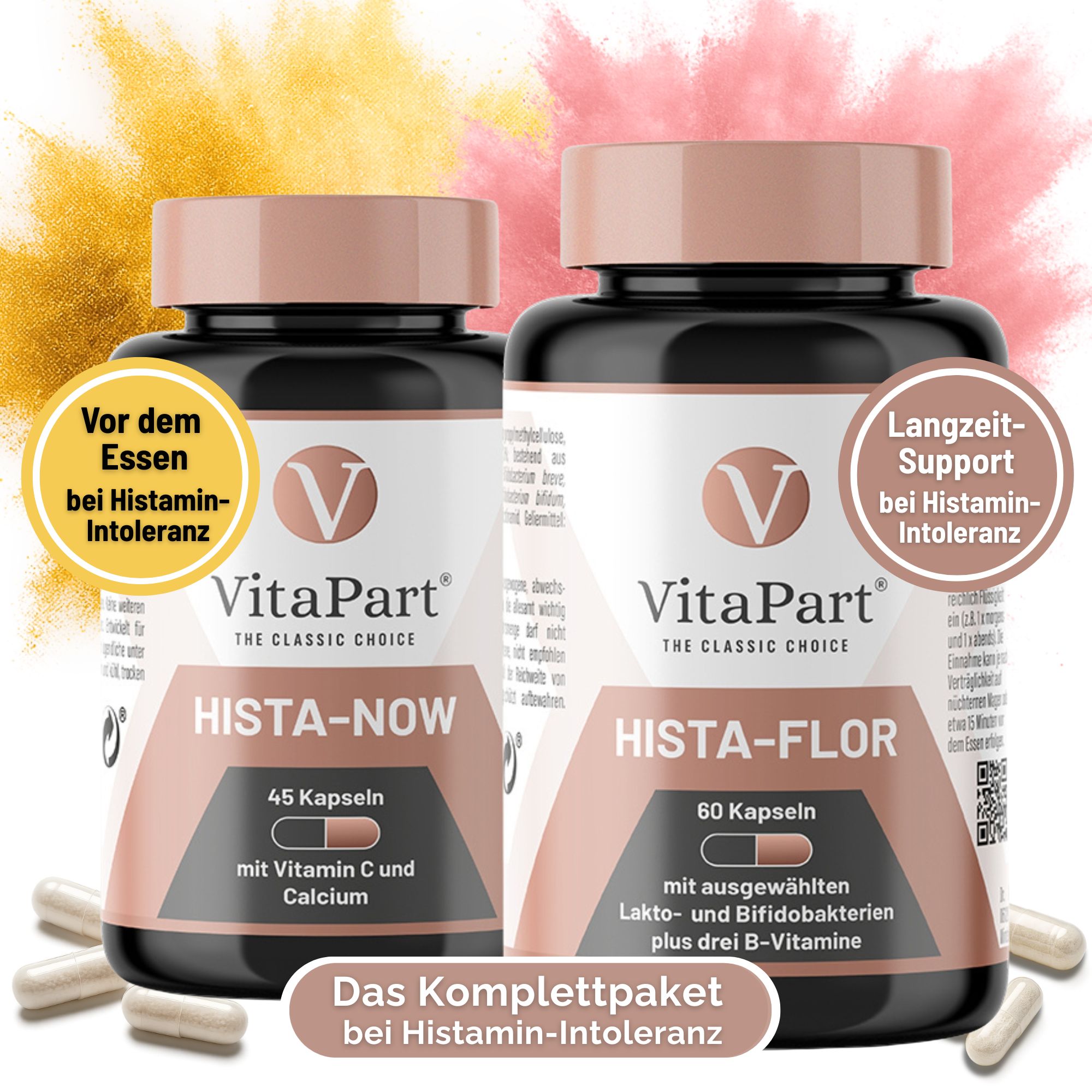 Zwei Flaschen Hista-Now und Hista-Flor von VitaPart. Kapseln. Text: Das Komplettpaket bei Histaminintoleranz.