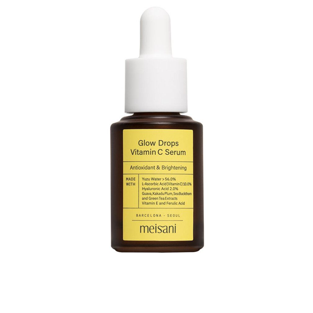 Braune Flasche mit weißem Deckel und Pipette. Gelbes Etikett mit Text: Glow Drops Vitamin C Serum. Marke: meisani.