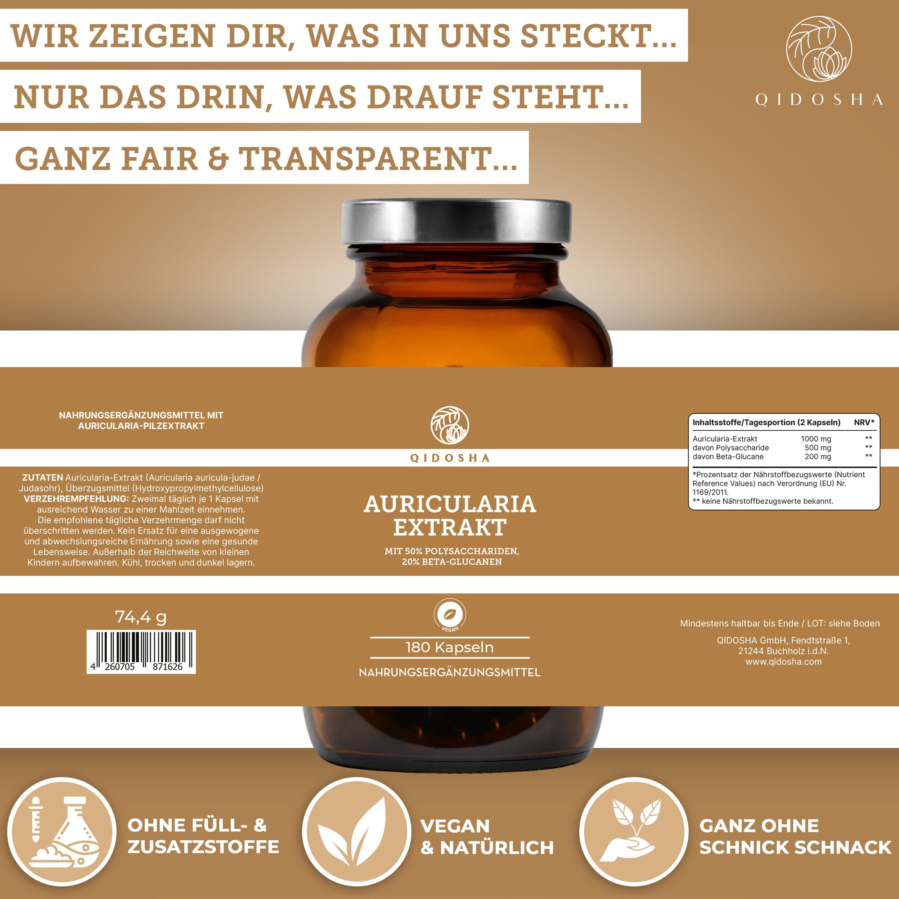 Braune Glasflasche mit Auricularia Extrakt Kapseln. Enthält 180 Kapseln.