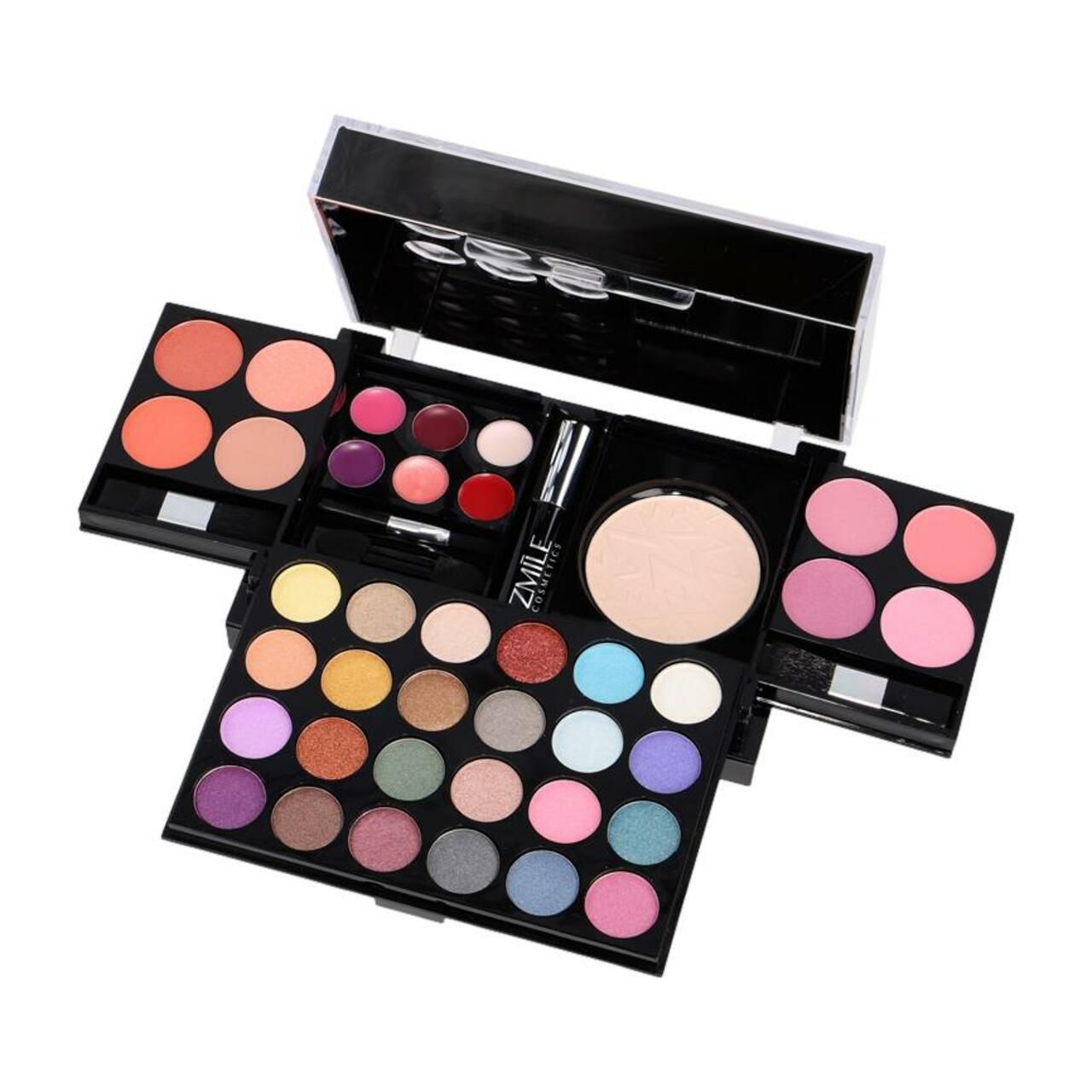 Kosmetik-Koffer mit 42 Teilen, geöffnet. Enthält Lidschatten, Rouge, Lippenstifte, Puder und Applikatoren. Marke: ZMILE cosmetics.