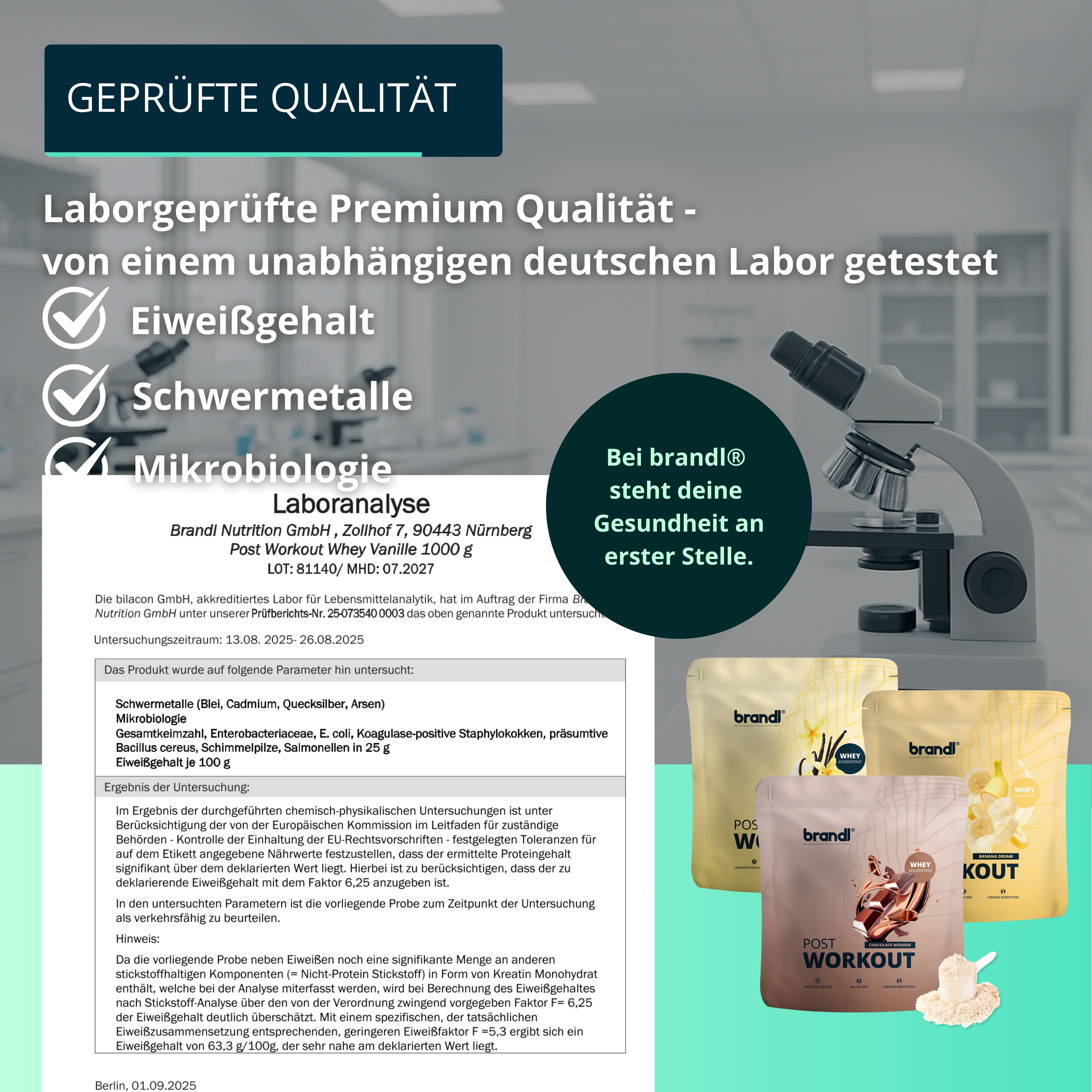 Laboranalyse-Dokumente und Beutel 'brandl' Protein-Pulver. Text: 'POST WORKOUT'. Text: Geprüfte Qualität, Eiwessgehalt, Schwermetalle.