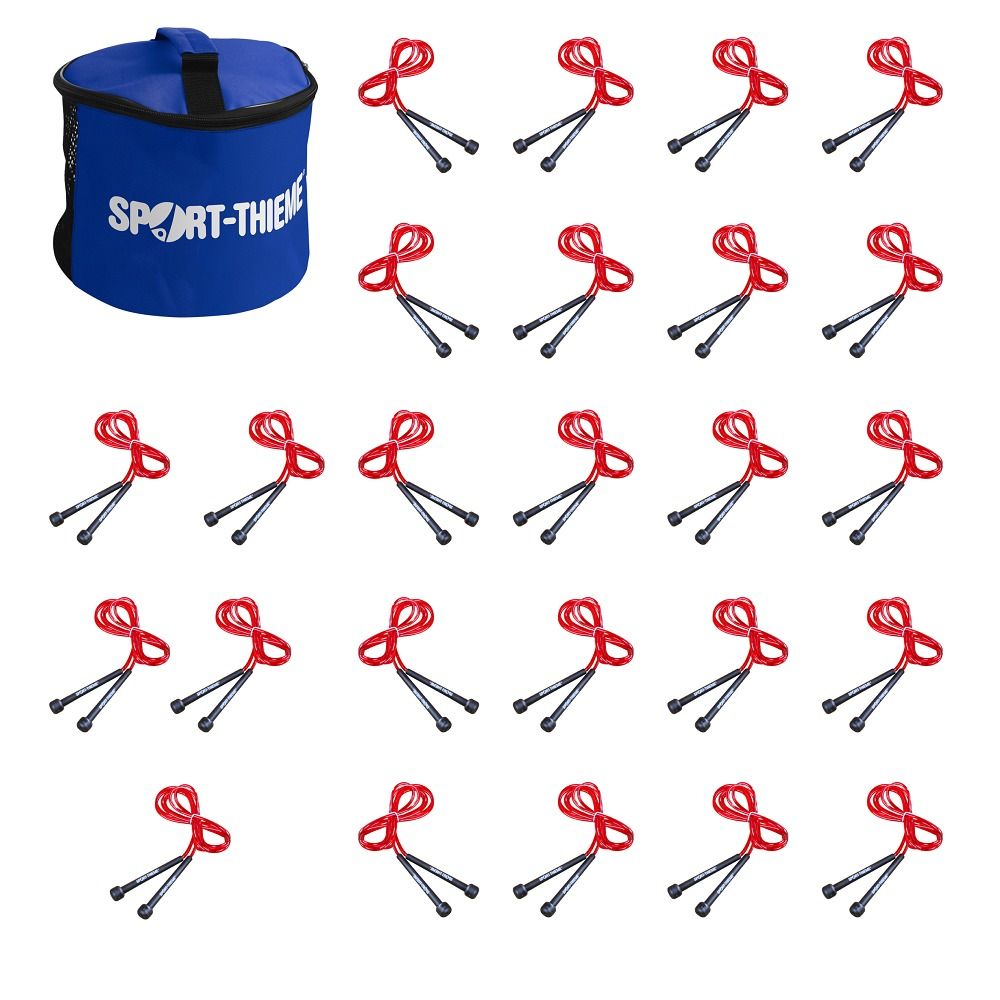 Rotes Sport-Thieme Seil-Set mit 20 roten Springseilen und einer blauen Tasche mit Logo.