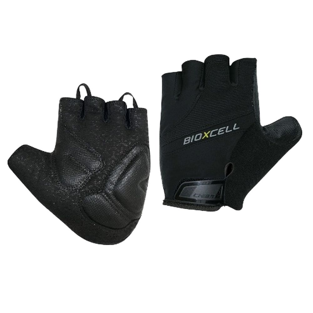 Schwarze Fingerhandschuhe mit Polsterung an der Handfläche und dem Schriftzug BIOXCELL.