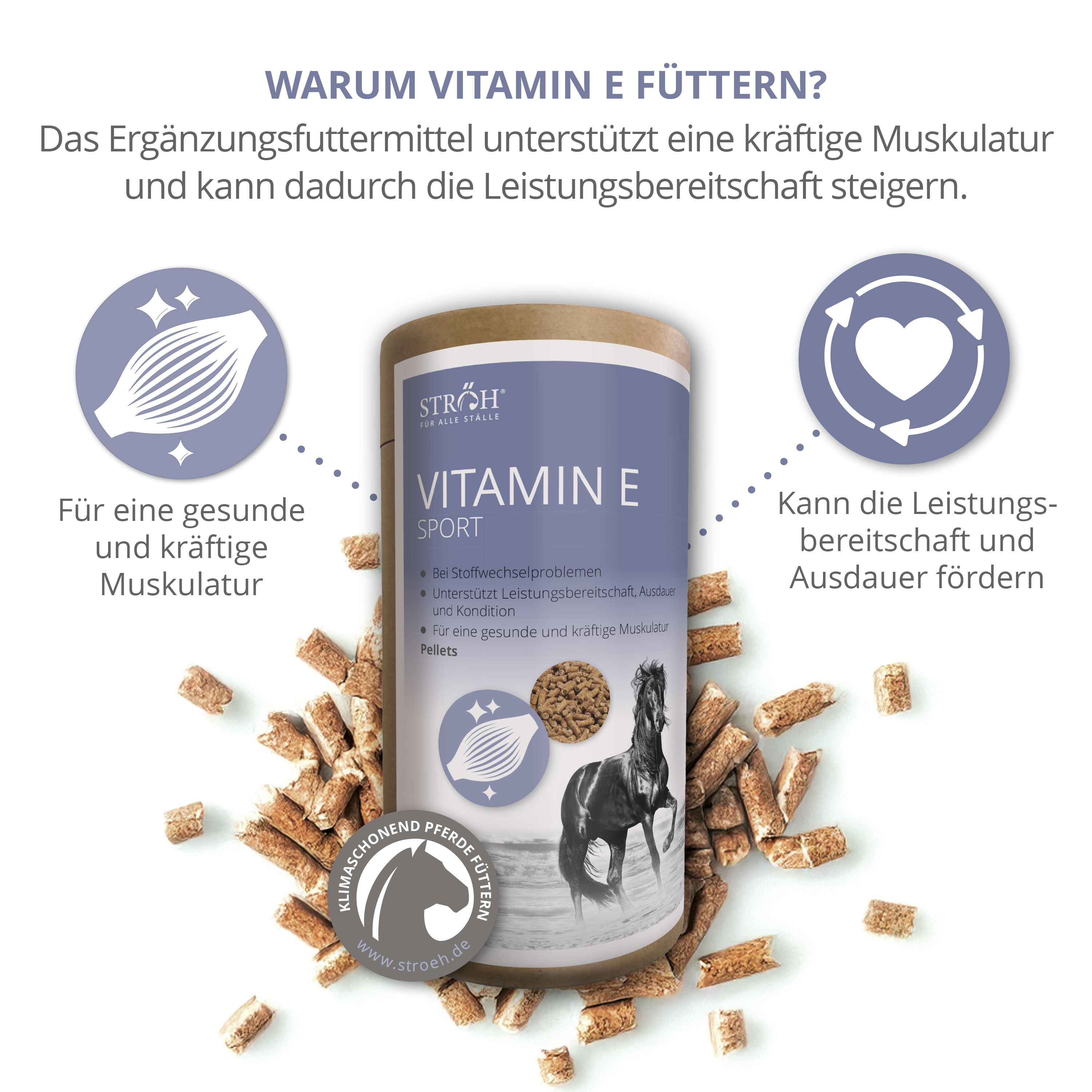 Zylindrische Dose mit "STRÖH Vitamin E SPORT". Pellets daneben. Illustrationen. Text: "Pellets".