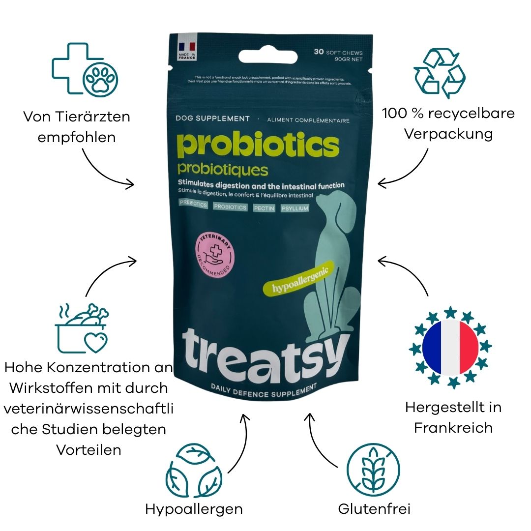 Beutel mit Probiotika für Hunde. 30 weiche Kausnacks. Hypoallergen, glutenfrei. Hergestellt in Frankreich. 100% recycelbar.