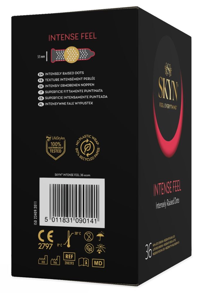 Schwarze Verpackung mit SKYN-Logo und Produktbezeichnung INTENSE FEEL. 36 Stück. Mit Zertifizierungen und Recycling-Hinweisen.