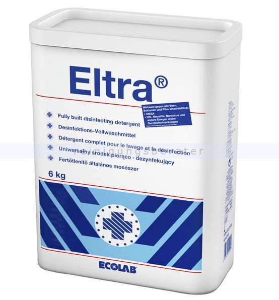 Weißer Eimer mit blauem Logo und Schriftzug Eltra. Enthält Desinfektionswaschmittel. Aufschrift: 6 kg. Marke Ecolab.