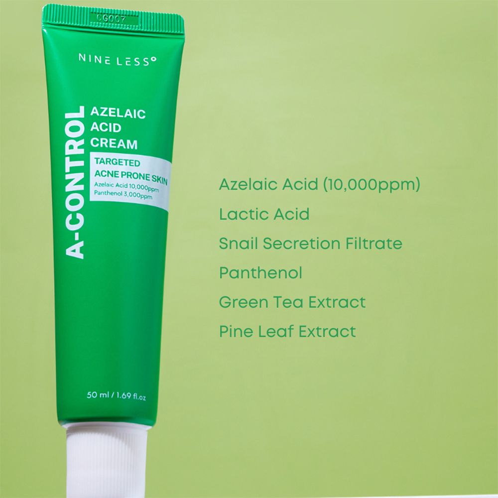 Grüne Tube A-Control Azelaic Acid Cream. Text: NINE LESS, Azelaic Acid Cream, Targeted Acne Prone Skin. Inhaltsstoffe: Azelainsäure, Milchsäure, Schneckensekret, Panthenol, Grünteeextrakt.