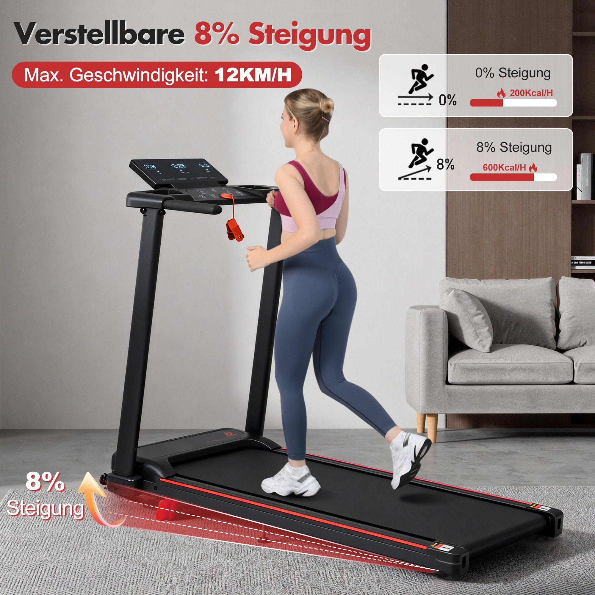 Heimtrainer mit 8 % Steigung und 1–12 km/h Geschwindigkeit