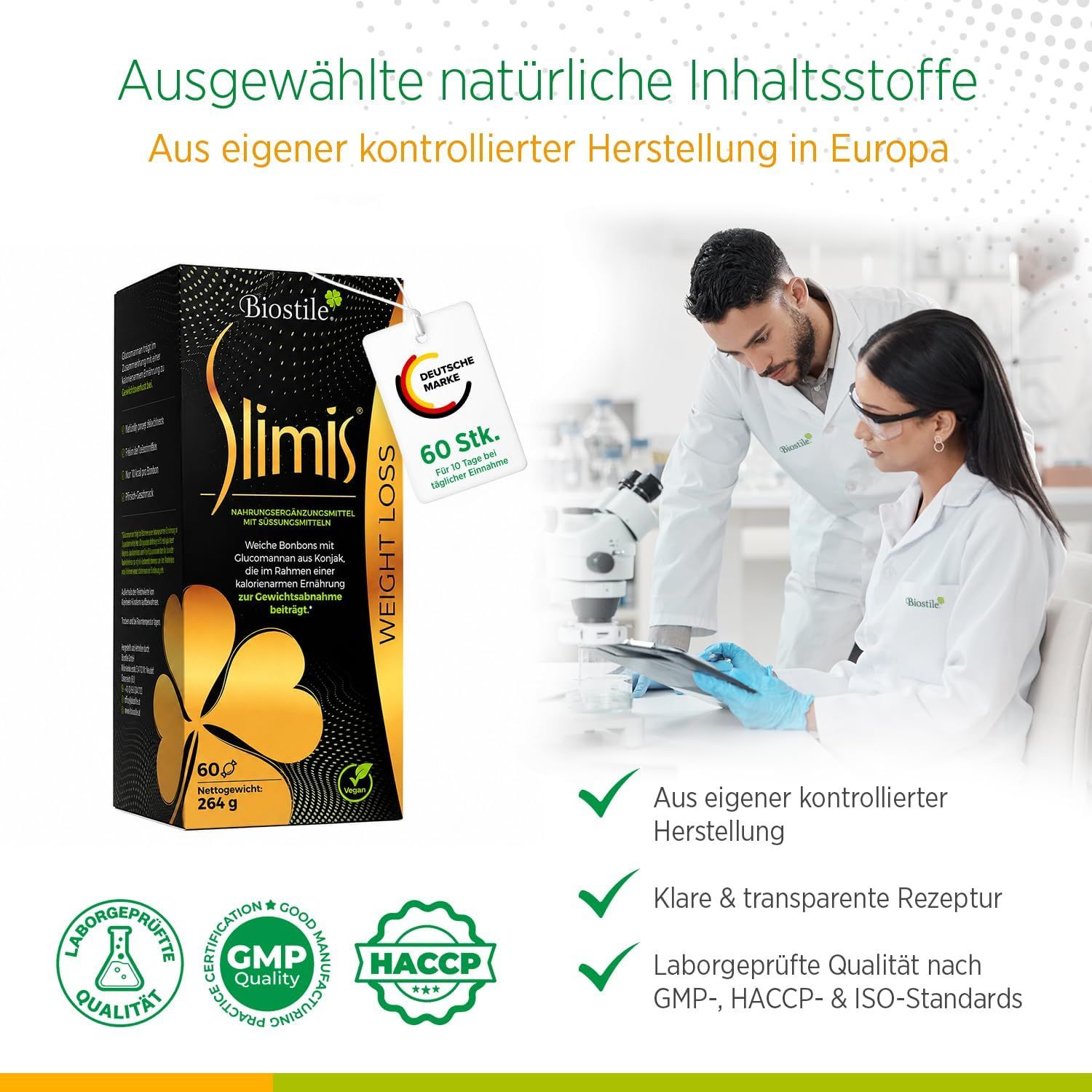 Biostile Slimis Verpackung, Labor, Qualitätszertifikate.