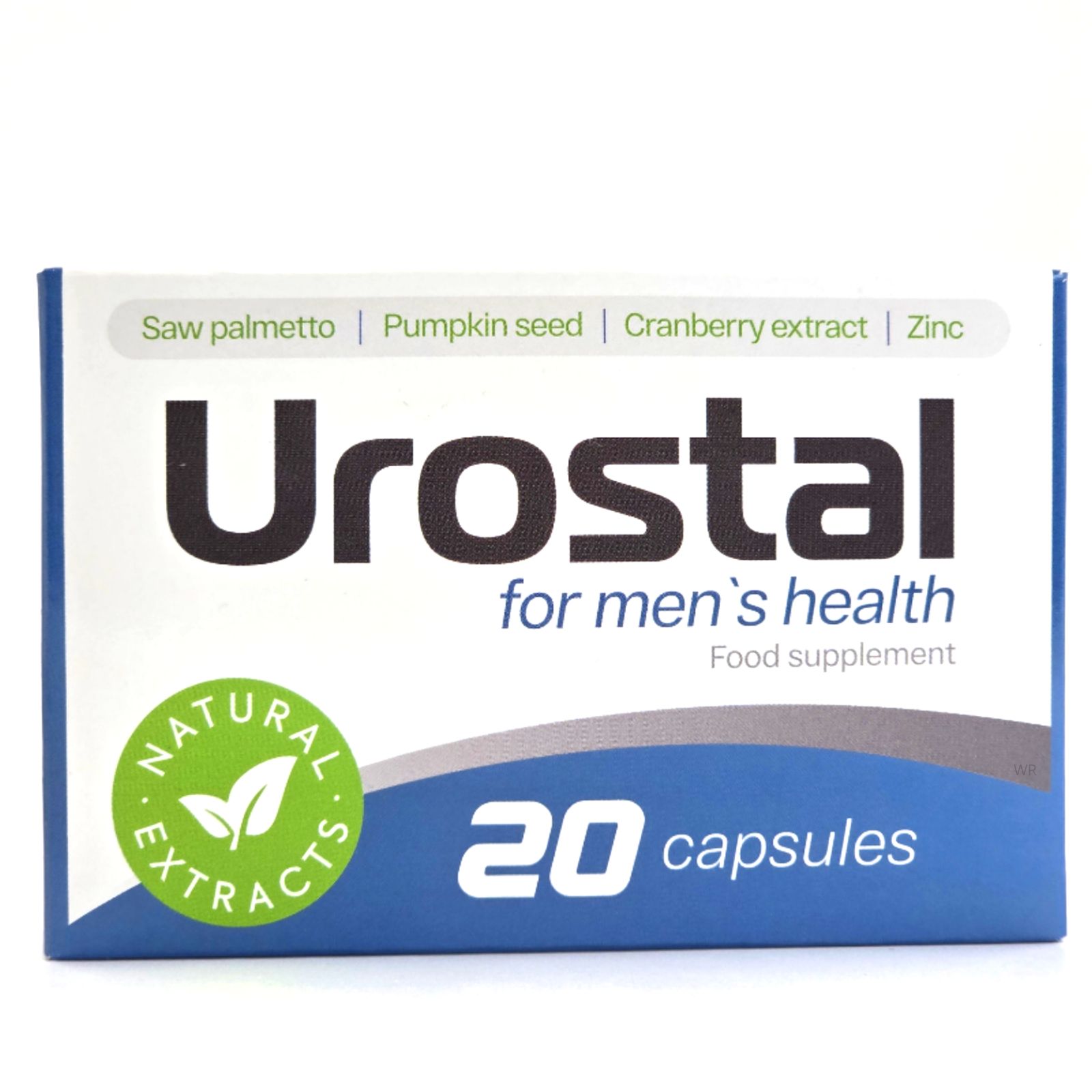 Karton mit Urostal Kapseln. Aufschrift: "for men's health", "20 capsules", Inhaltsstoffe. Grün-weiß-blaue Verpackung.