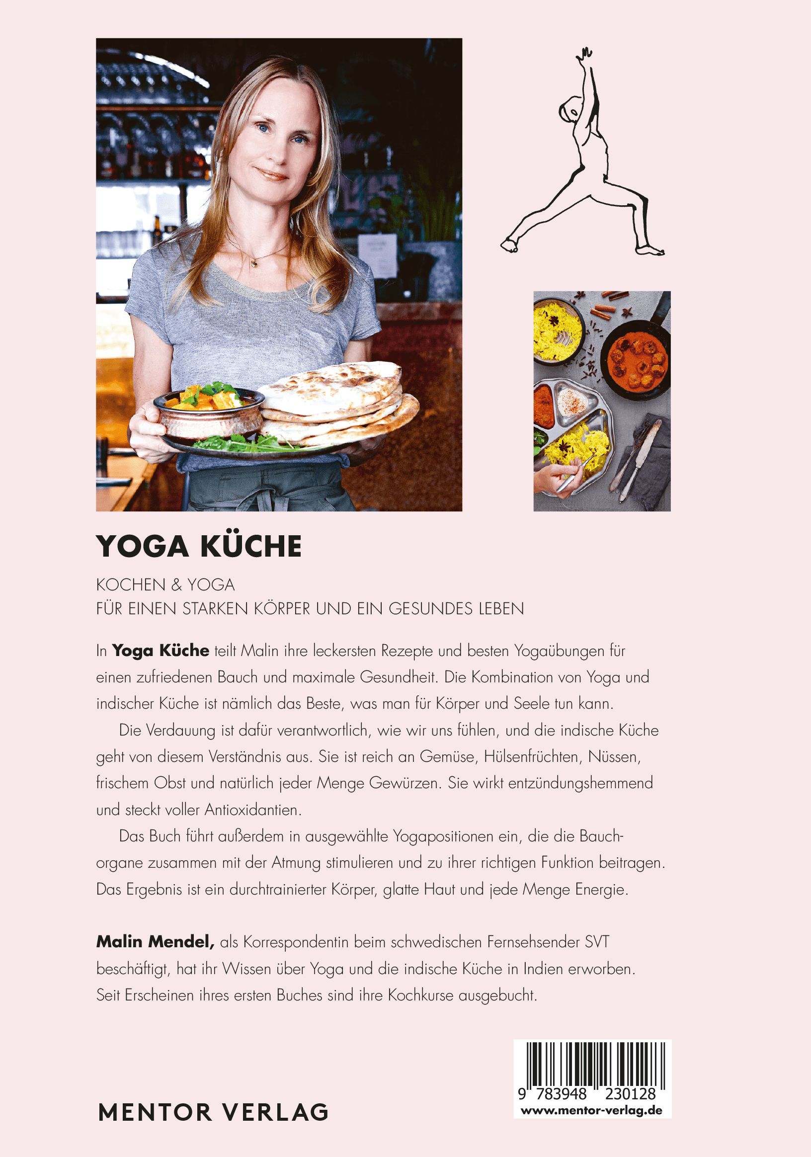 Rückseite des Buches "Yoga Küche". Text und Abbildung der Autorin Malin Mendel.