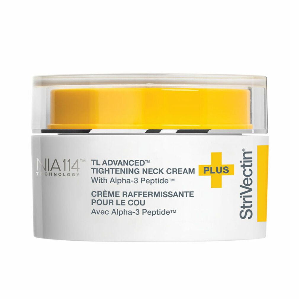 Cremebehälter mit gelbem Deckel. Aufschrift: TL Advanced Tightening Neck Cream Plus. Marke: Strivectin.