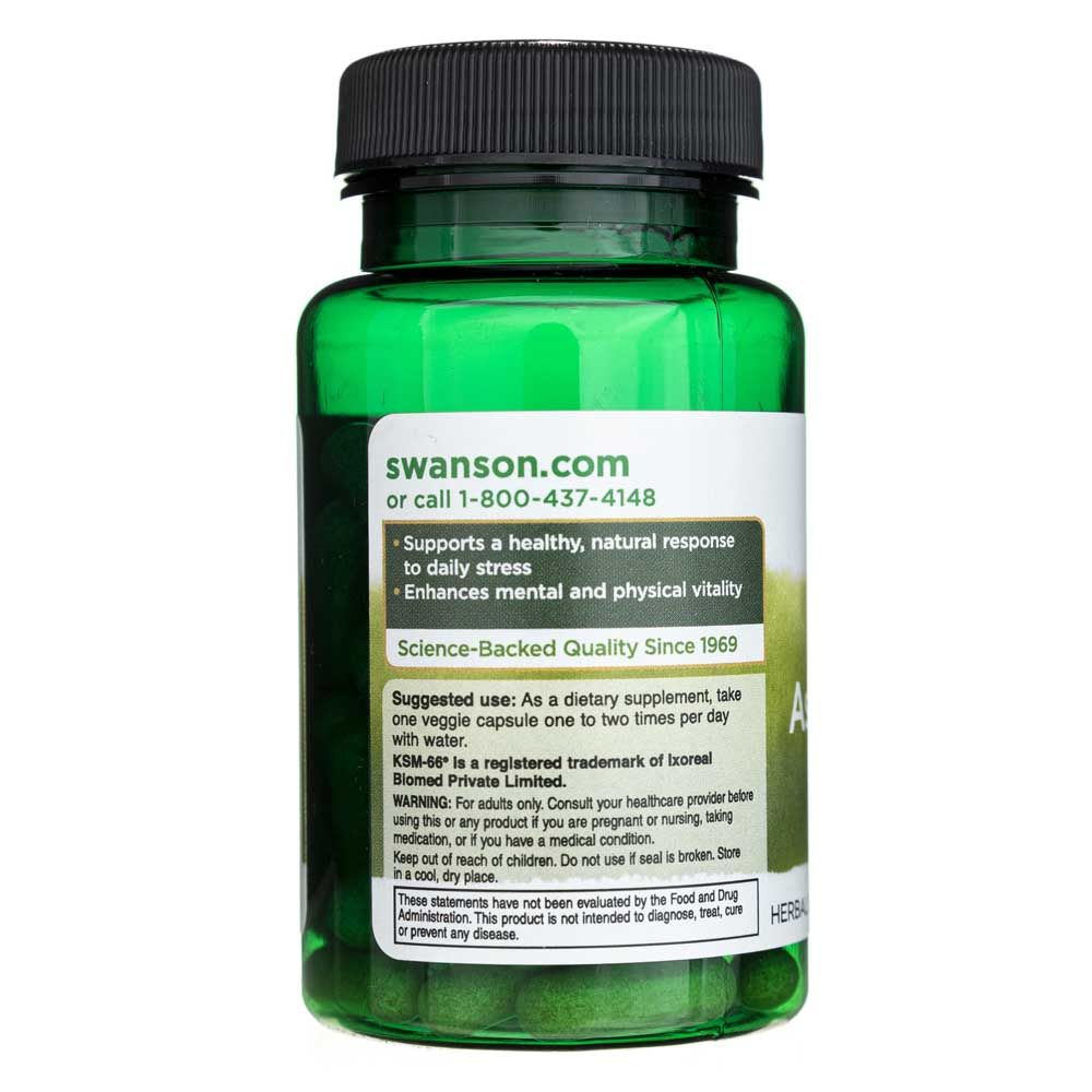 Rückseite einer grünen Flasche mit Swanson Ultimate Ashwagandha, Swanson.com und Anwendungshinweisen.