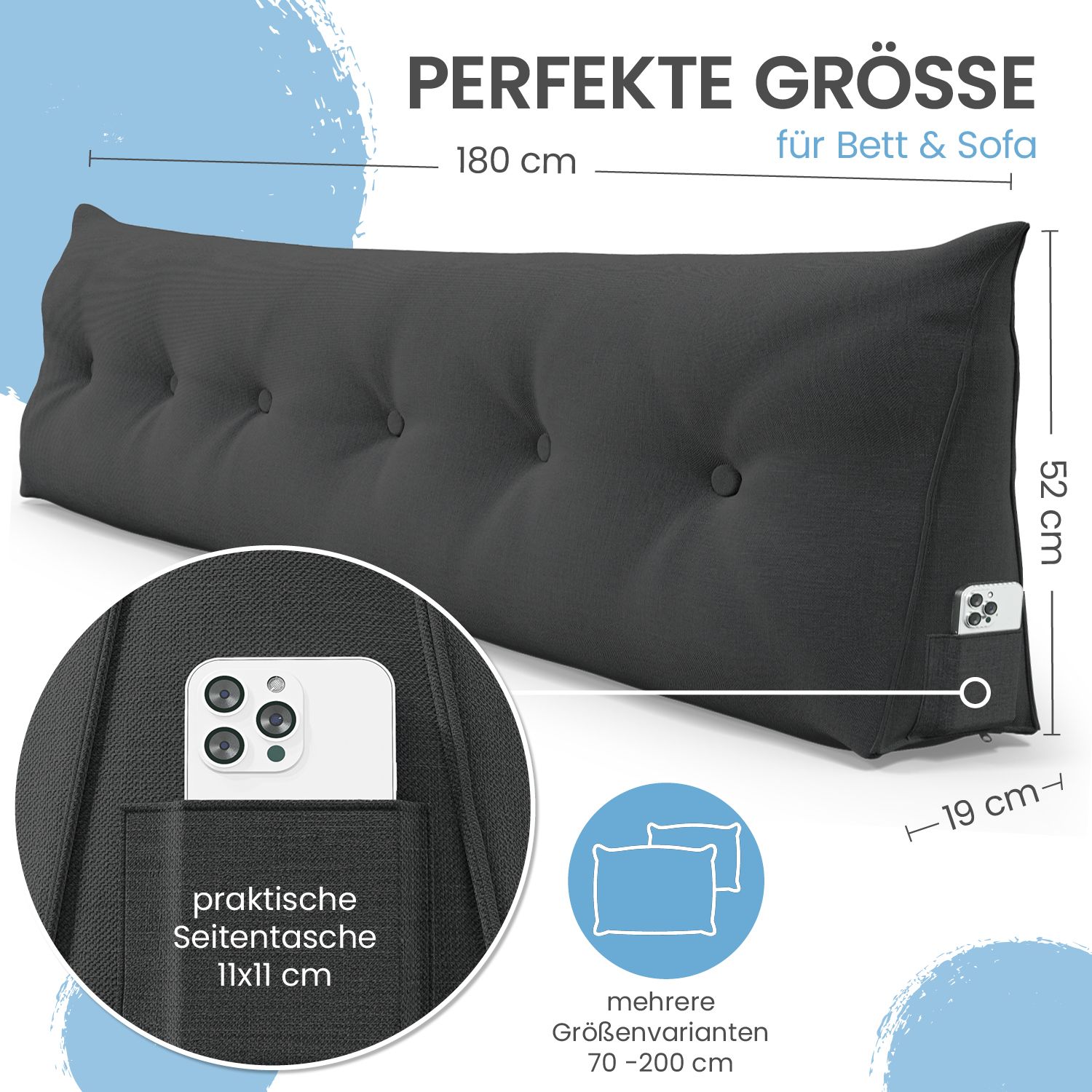Graues Keilkissen mit Knöpfen. Maße: 180x52x19 cm. Seitentasche für Telefon. Text: 'PERFEKTE GRÖSSE'. Mehrere Größenvarianten.