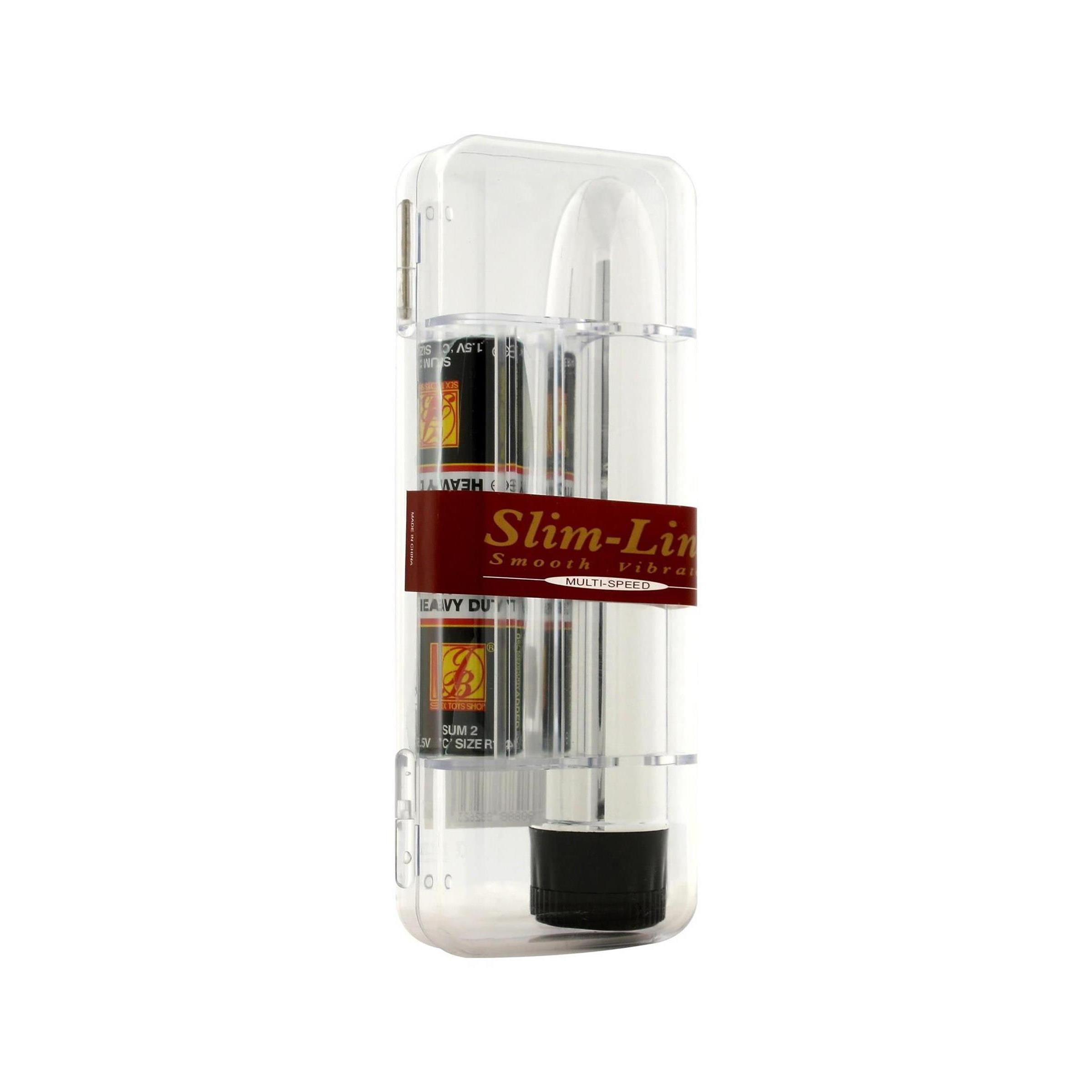 Weißer Vibrator in transparenter Hülle. Roter Aufkleber mit "Slim-Line". Zwei Batterien. Schwarzer Sockel.