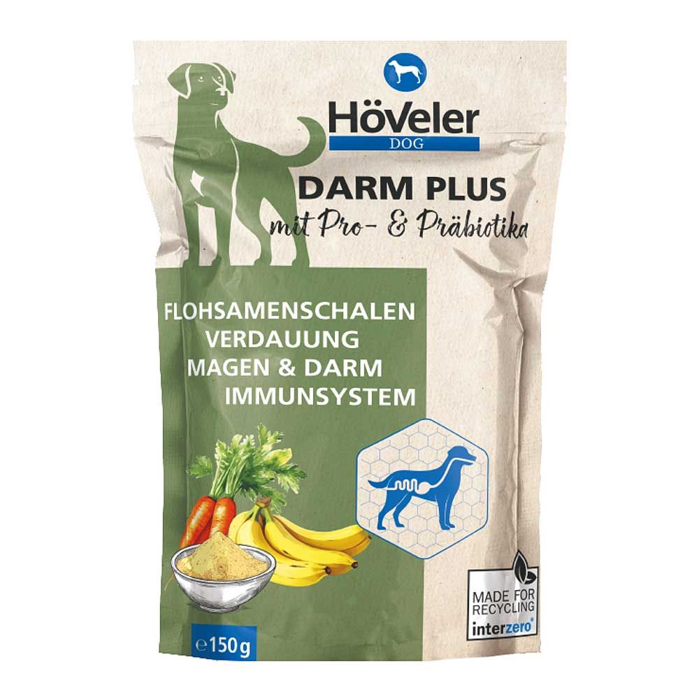 Beutel mit Höveler DOG DARM PLUS. Grün-weißes Design mit Logo, Produktnamen und Illustrationen von Hund, Gemüse und Früchten. Text: Flohsamenschalen, Verdauung, Magen & Darm, Immunsystem.