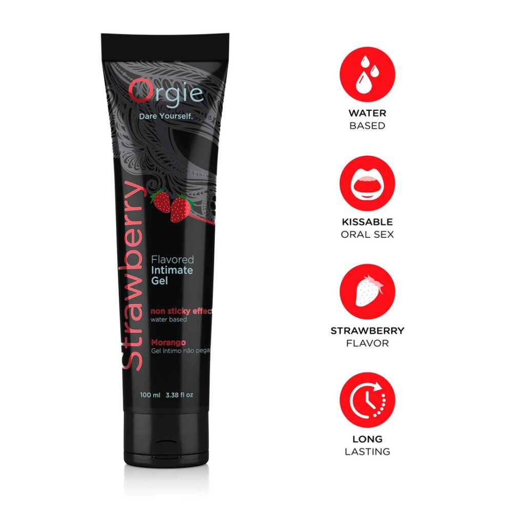 Orgie Intimgel, Erdbeergeschmack. Wasserbasiert, küssbar, langanhaltend. 100ml Tube.