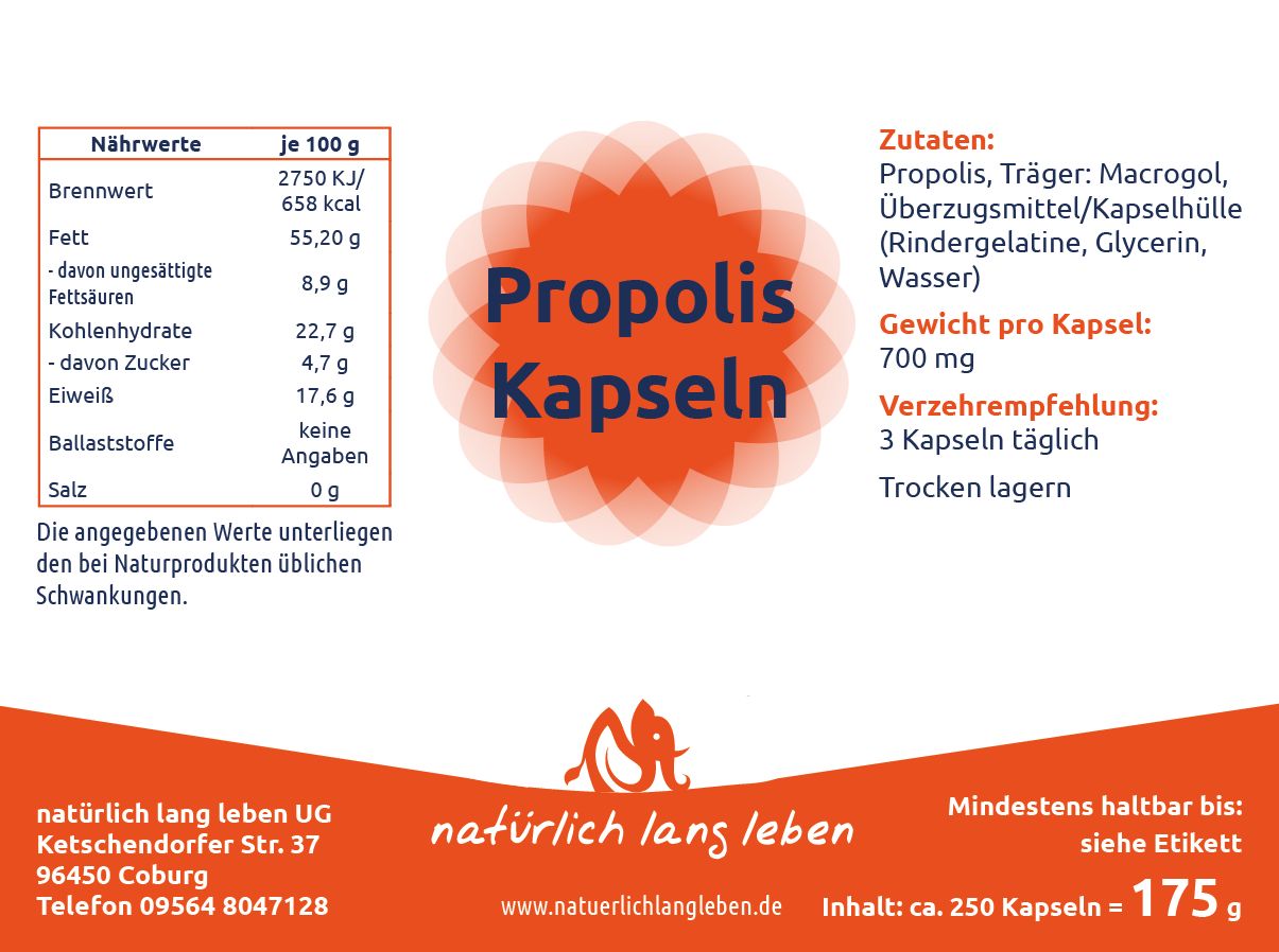 Rückseite einer Propolis Kapseln Verpackung mit Nährwertangaben und Zutaten.