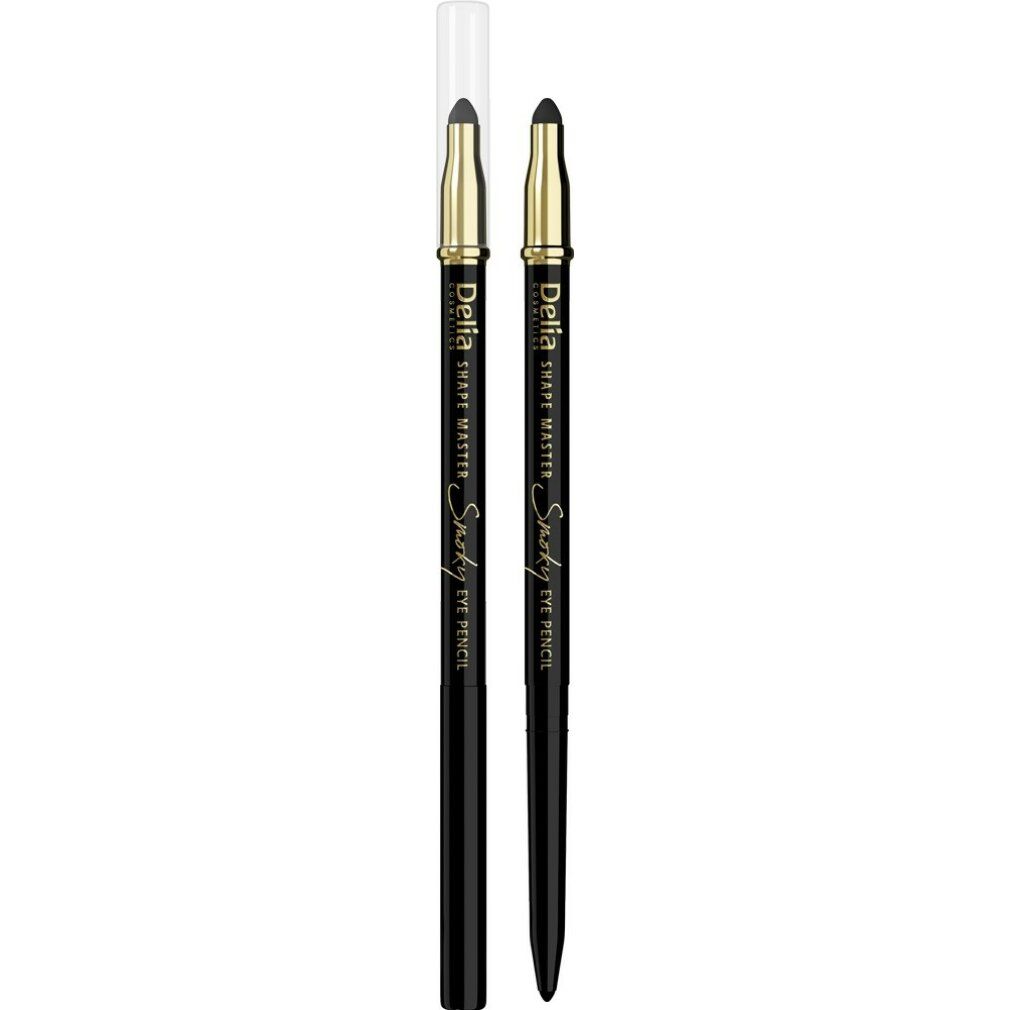Zwei schwarze Augenstifte mit goldfarbenen Akzenten und der Aufschrift "Delia Shape Master Smoky Eye Pencil". Einer mit Kappe.