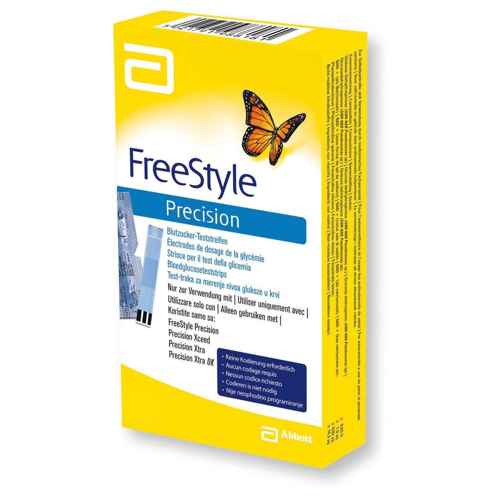 Gelbe Verpackung mit "FreeStyle Precision"-Logo und Schmetterling. Enthält Teststreifen zur Blutzuckermessung. Mehrsprachige Produktinformationen.