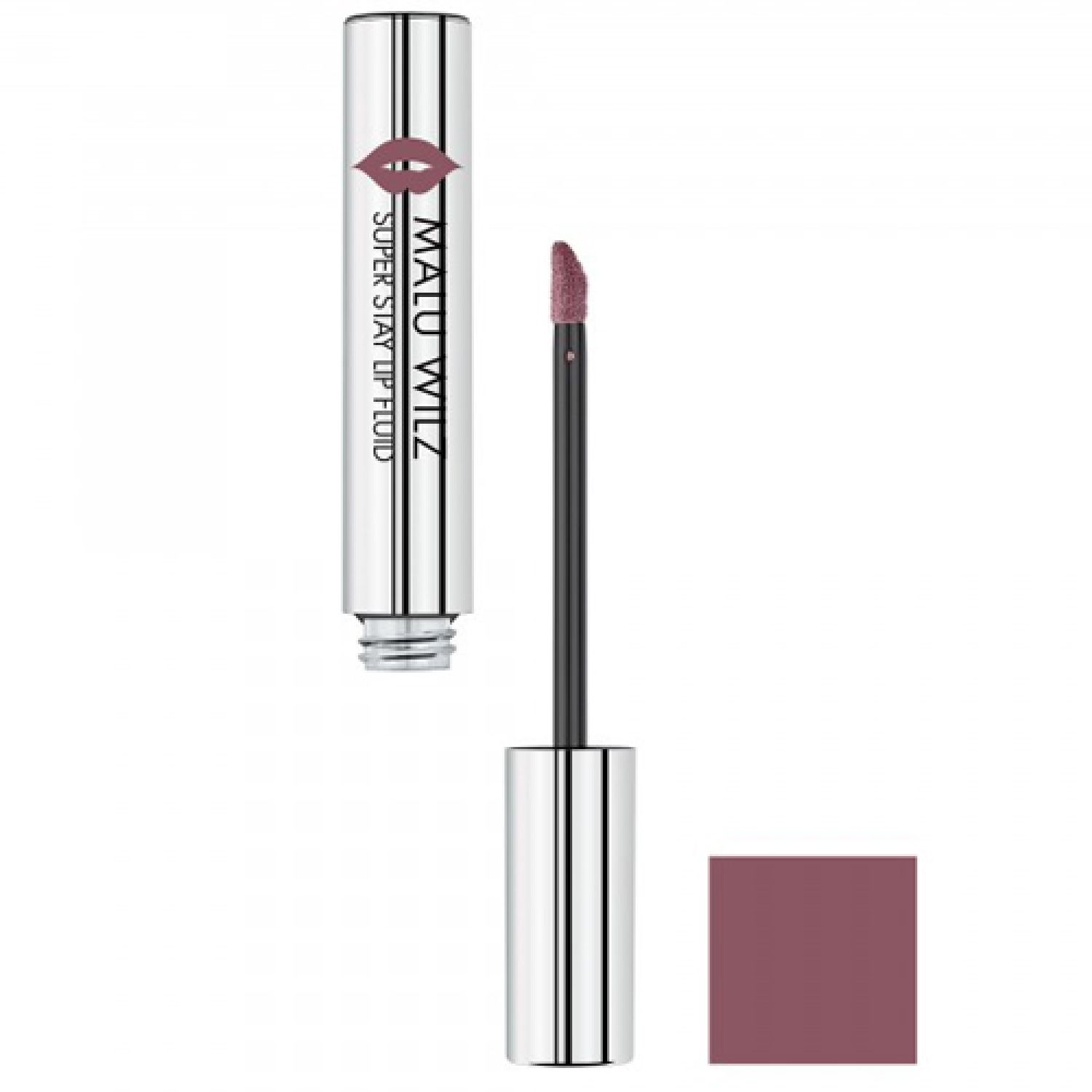 Lippen-Fluid, silberne Hülse, geöffnet. Schwarzer Applikator, lila Farbton. Farbprobe.