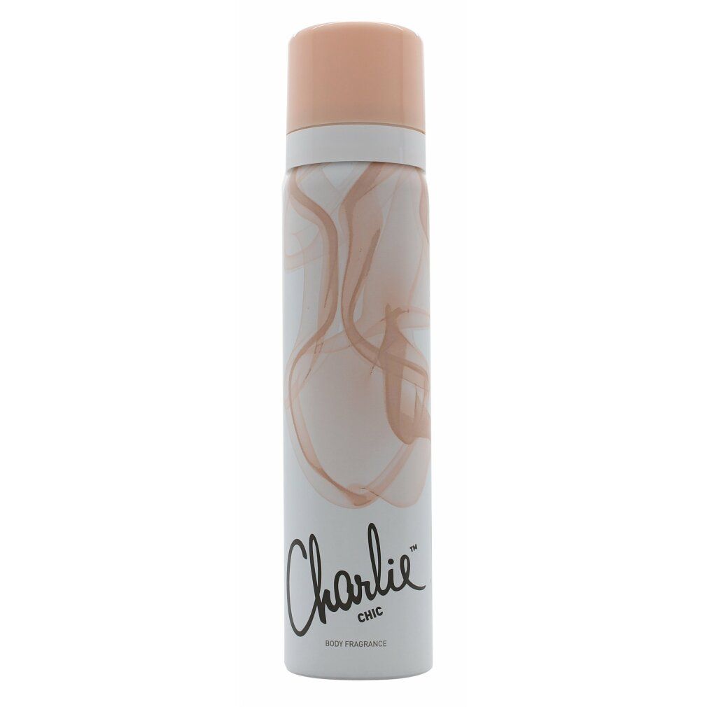 Körper-Spray-Flasche mit weißem Hintergrund. Rosa Deckel und Design. Schriftzug 'Charlie Chic'.