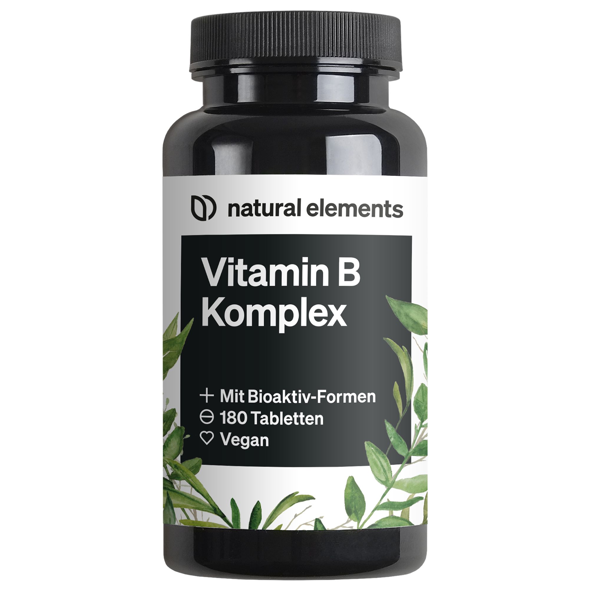 Schwarze Flasche mit weißem Etikett. Aufschrift: Vitamin B Komplex, 180 Tabletten, vegan. Grüne Blätter als Designelement.