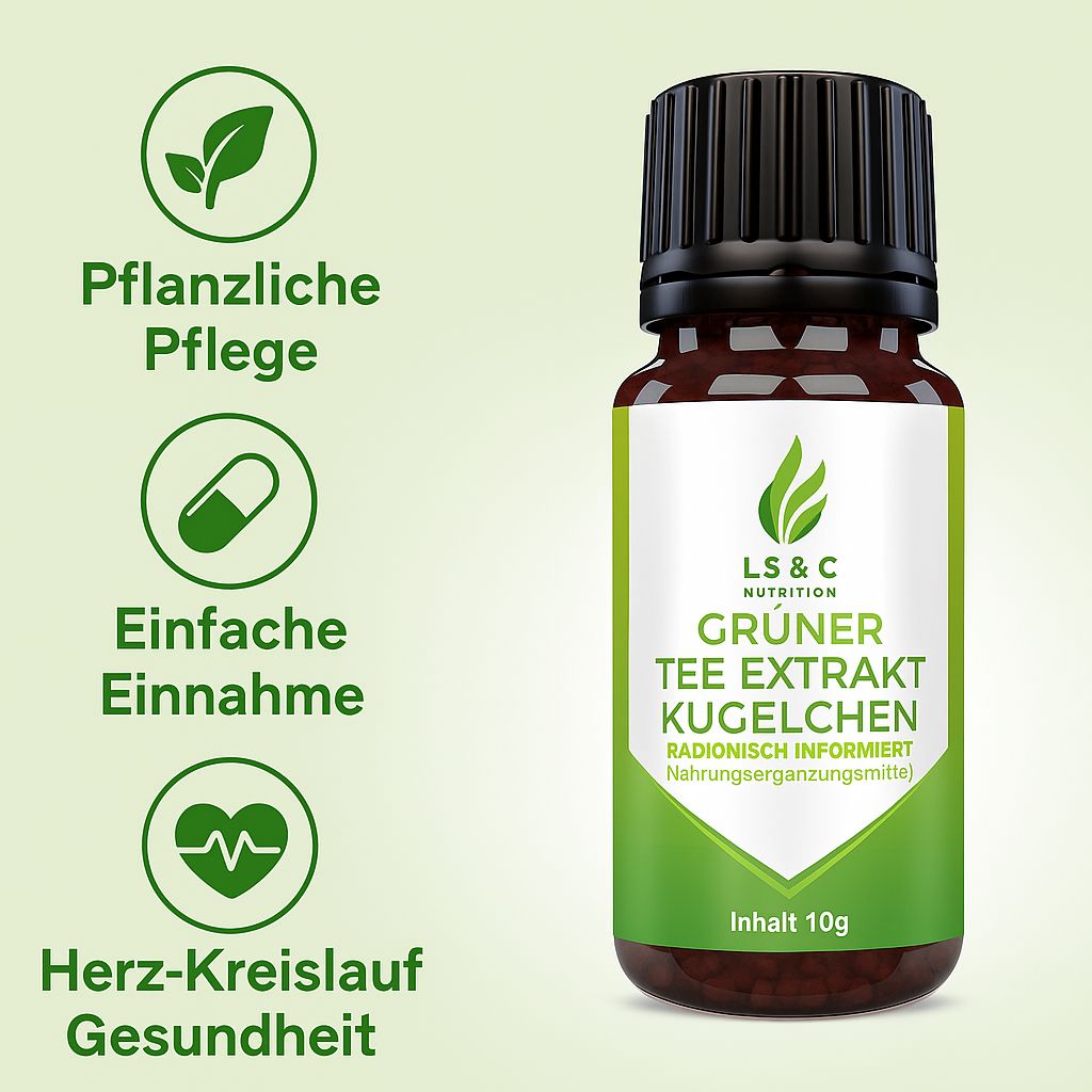 Braune Glasflasche mit schwarzem Deckel. Etikett mit Logo, Produktname und Inhaltsangabe: Grüner Tee Extrakt Kügelchen. Symbole: Pflanzliche Pflege, einfache Einnahme, Herz-Kreislauf-Gesundheit.