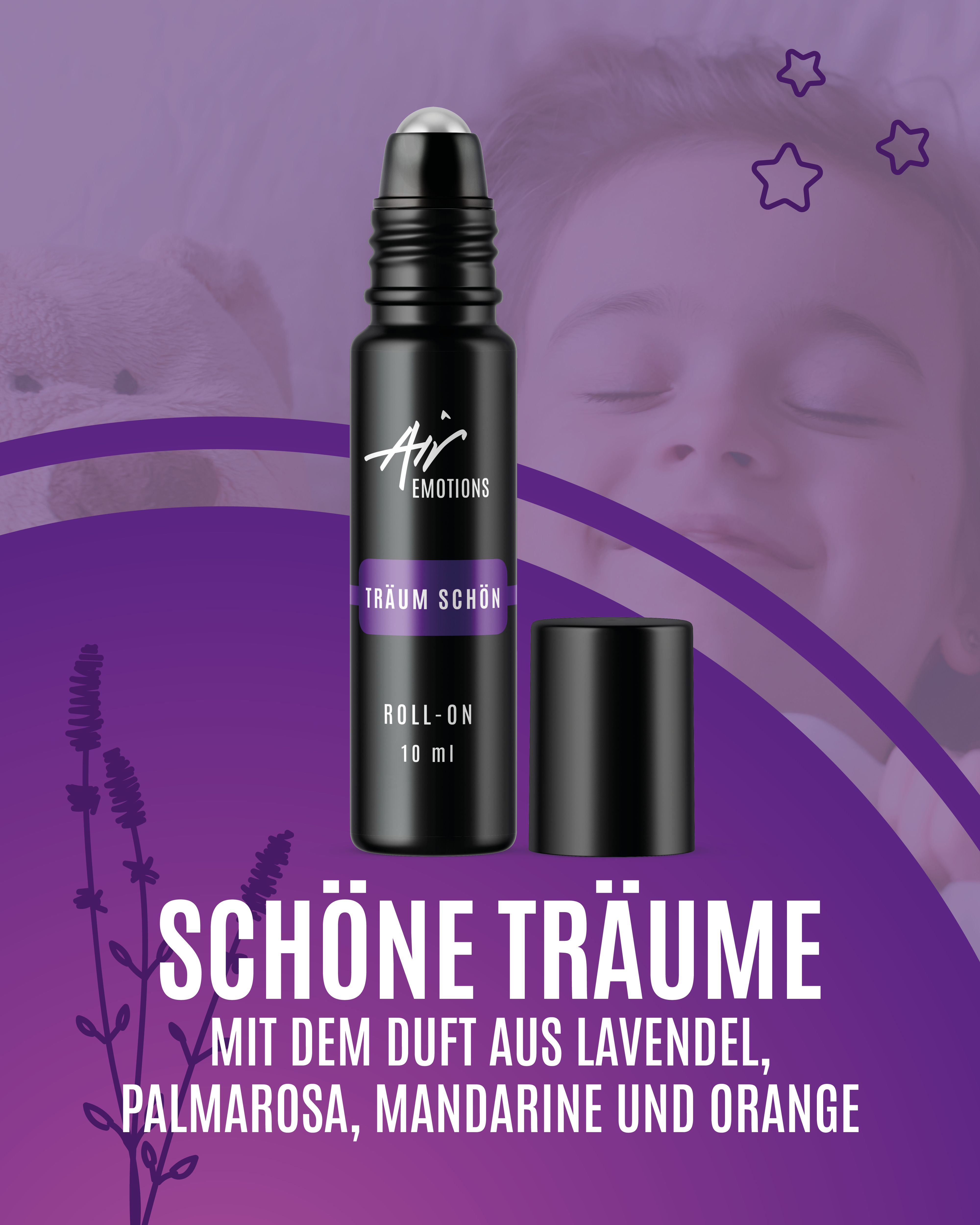 Schwarze Roll-On-Flasche mit Deckel. Aufschrift: Träum schön, Roll-On, 10 ml. Text: Schöne Träume mit Lavendel, Palmarosa, Mandarine und Orange.
