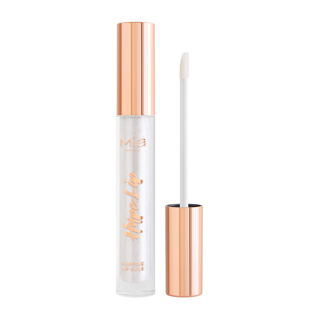 Lucidalabbra volumizzante Mia Make-up Hype. Tubo trasparente con tappo e applicatore oro rosa. Nome del prodotto e marchio visibili.