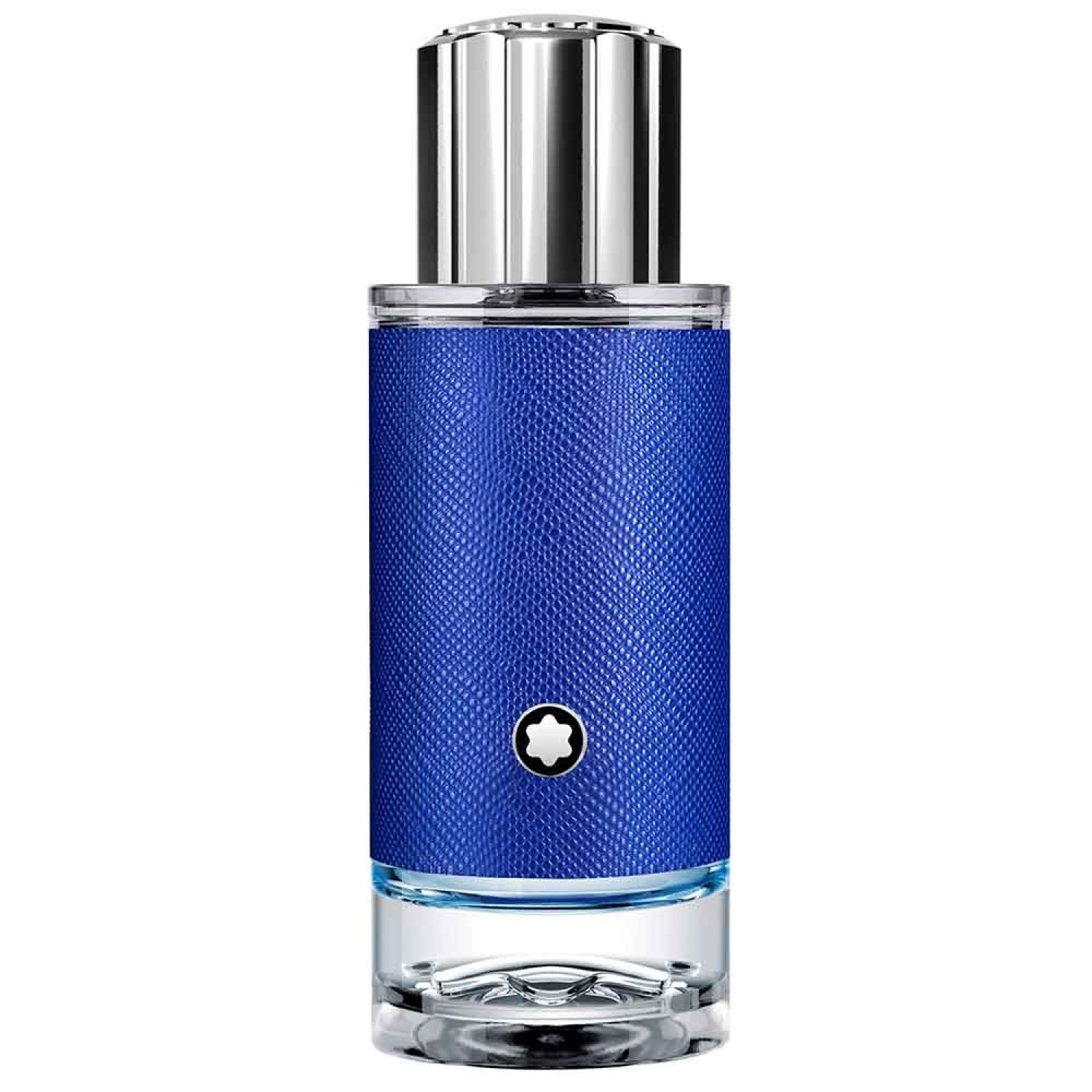 Blauer Flakon mit silbernem Deckel. Logo: Montblanc. Eau de Parfum.
