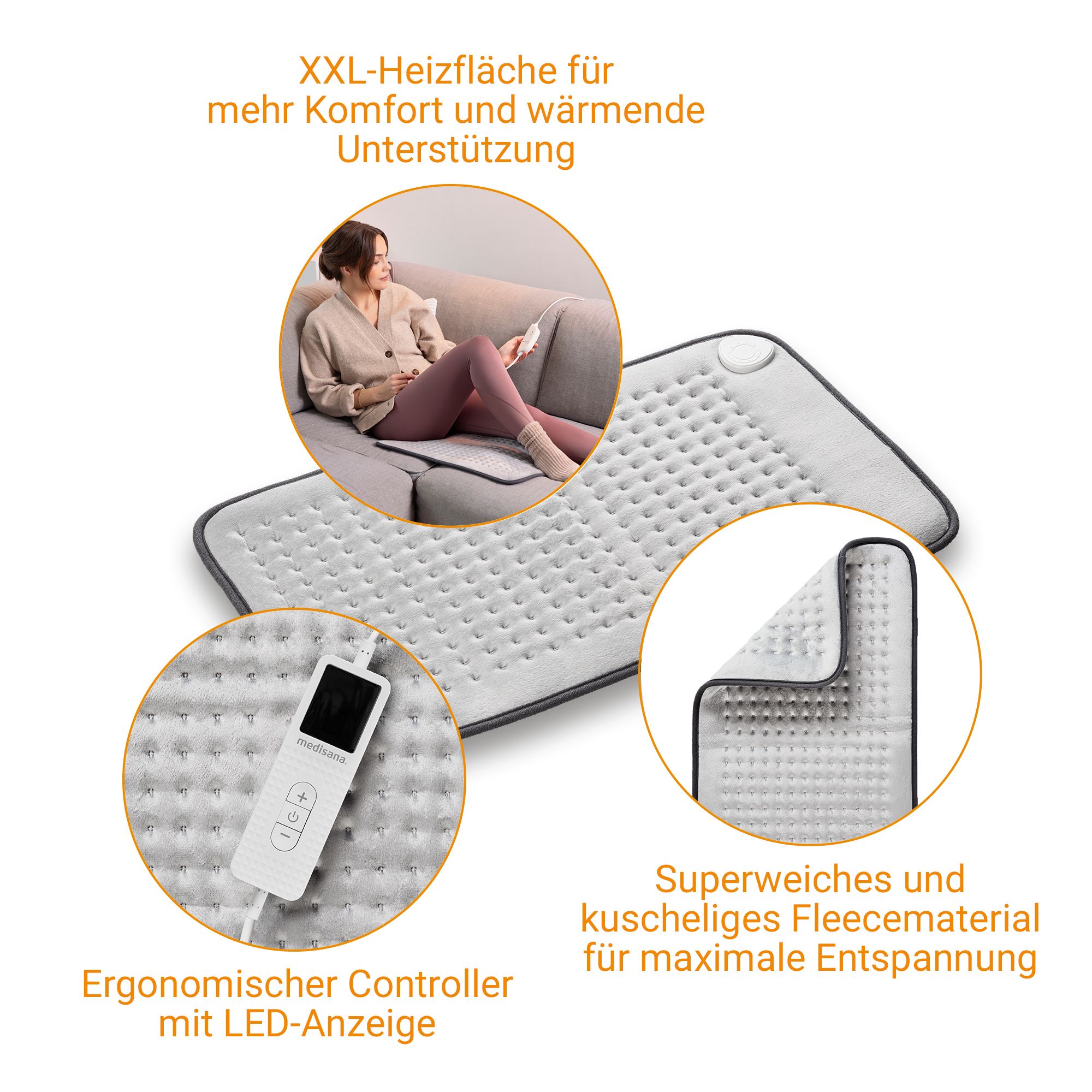Heizkissen auf Sofa, Frau mit Fernbedienung. Inset: Detail Fleece-Material. Text: Ergonomischer Controller, XXL-Heizfläche.