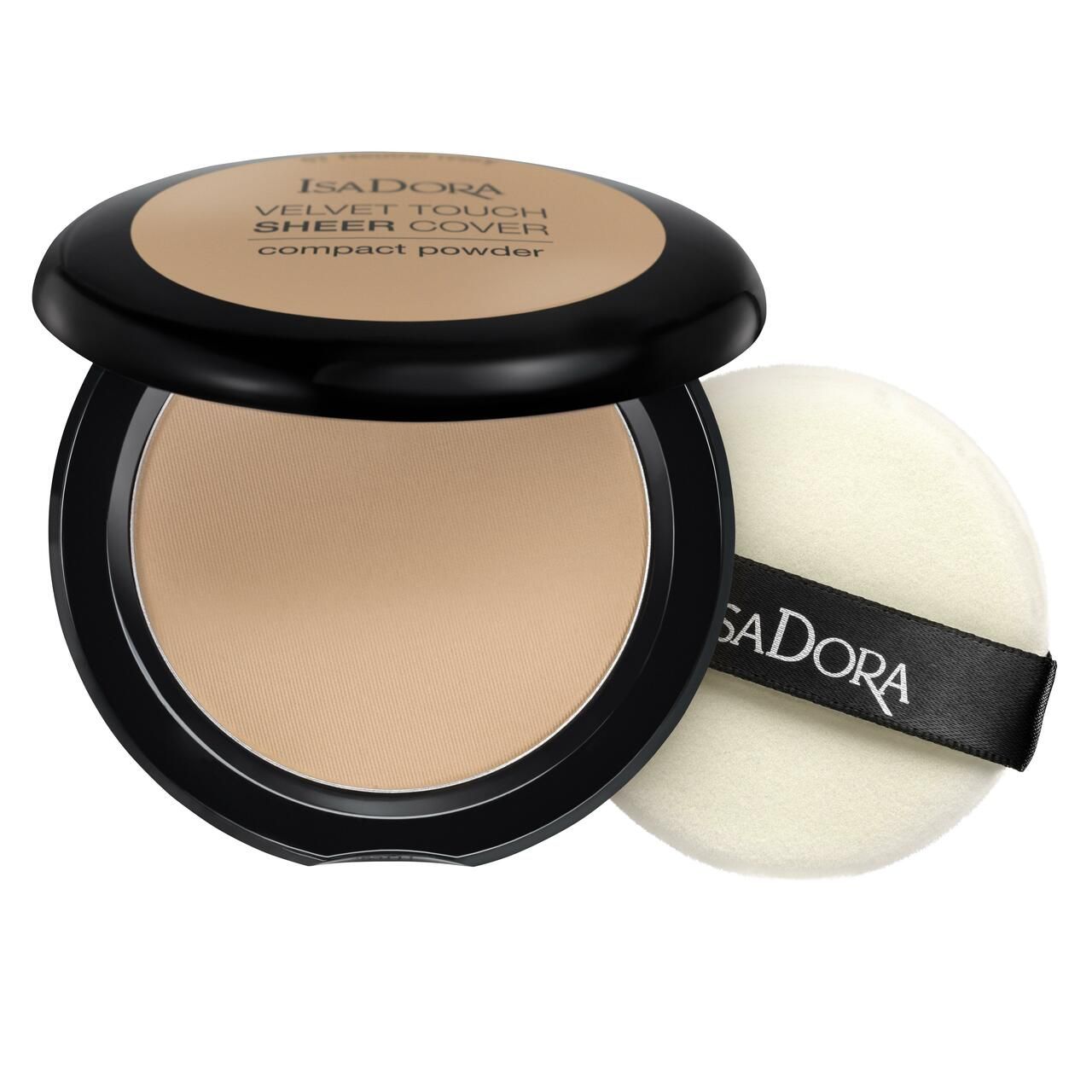 Kompaktpuder mit Schwamm. Marke: IsaDora. Text: Velvet Touch Sheer Cover Compact Powder. Schwarzer Deckel, beiger Puder.