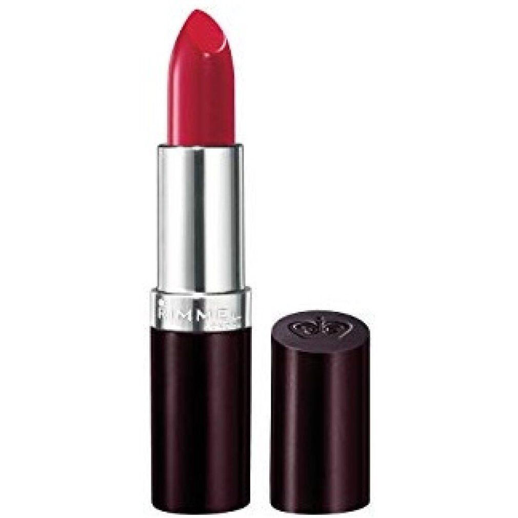 Roter Lippenstift mit geöffneter schwarzer Hülle. Silberner Ring. Rimmel London ist sichtbar.