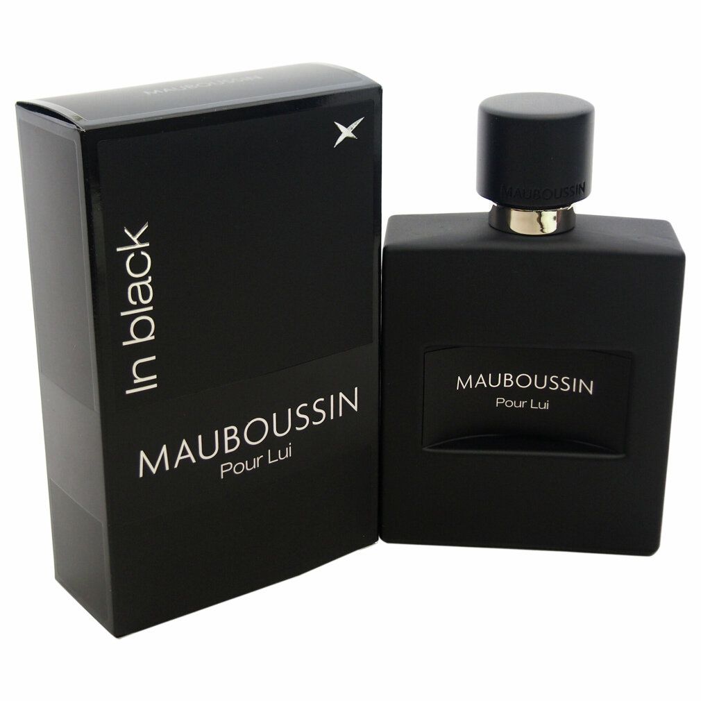 Schwarzer Flakon und Schachtel. Aufschrift: MAUBOUSSIN Pour Lui, In black. Schwarzer Deckel. Weiße Schrift.