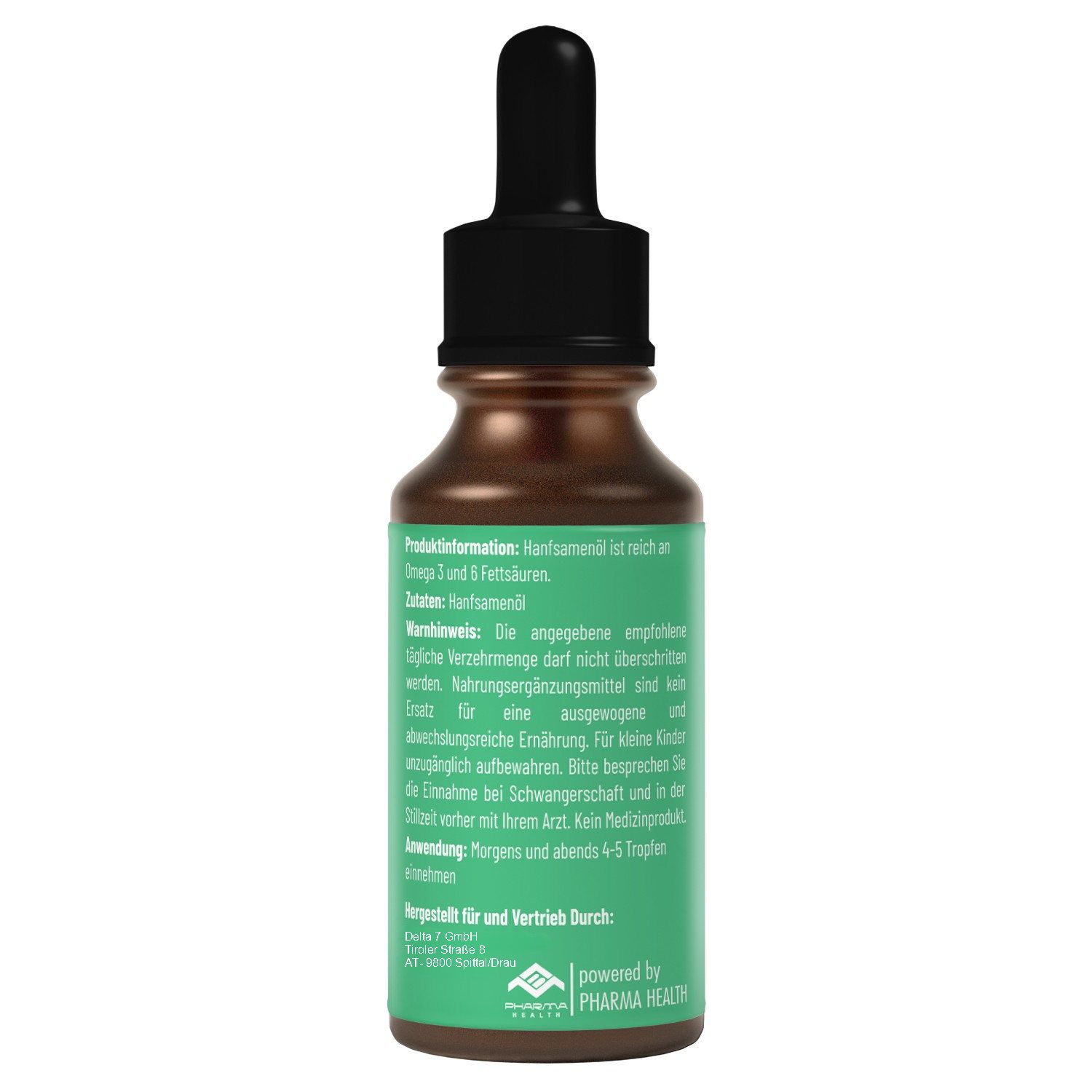 Rückseite einer braunen Flasche mit Tropfer. Text: Produktinformationen, Inhaltsstoffe, Anwendungshinweise, Hersteller.