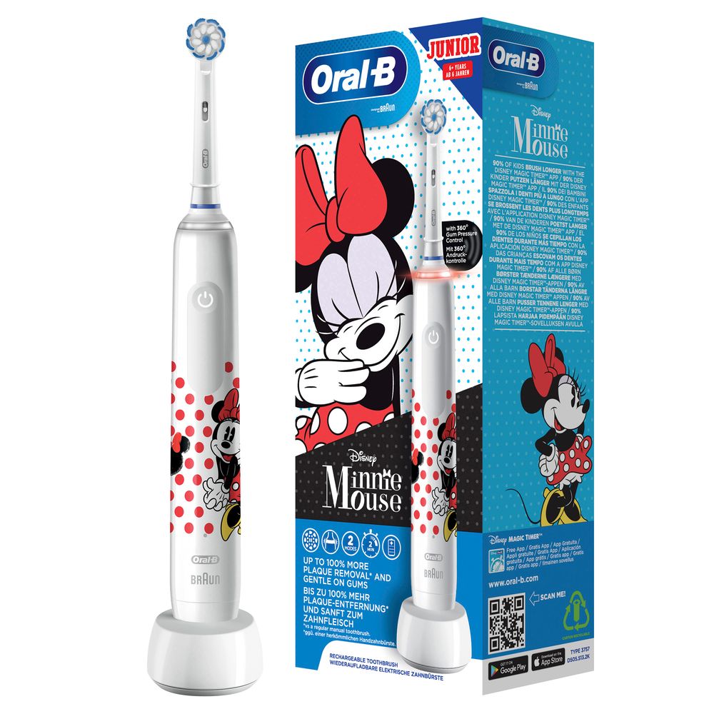 Elektrische Zahnbürste "Vitality Kids - Minnie Mouse" in Weiß mit Verpackung. Oral-B Logo und Minnie Mouse Design.
